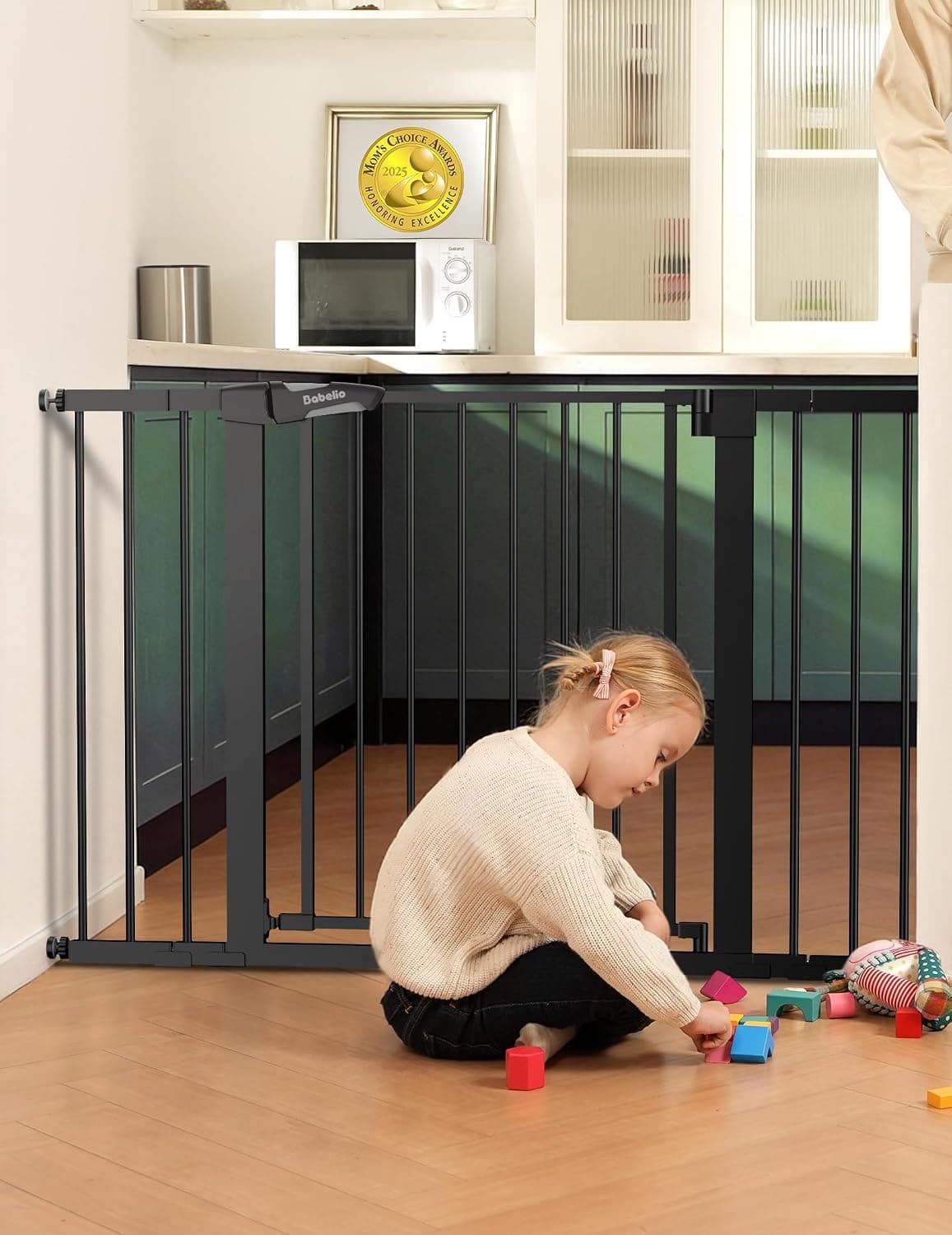 Babelio Metal Auto Close Baby Gate PressGuard P7, 29-48" Wide 30" Tall Extra Wide Pet Gate for The House and Doorways, Pressure Mounted Walk Thru Child Gate with Door, Black | Pressure/Wall Mount, Triple-Lock, Heavy Duty, Auto Close, Easy Install for Doorways/Kitchens/Hallway
