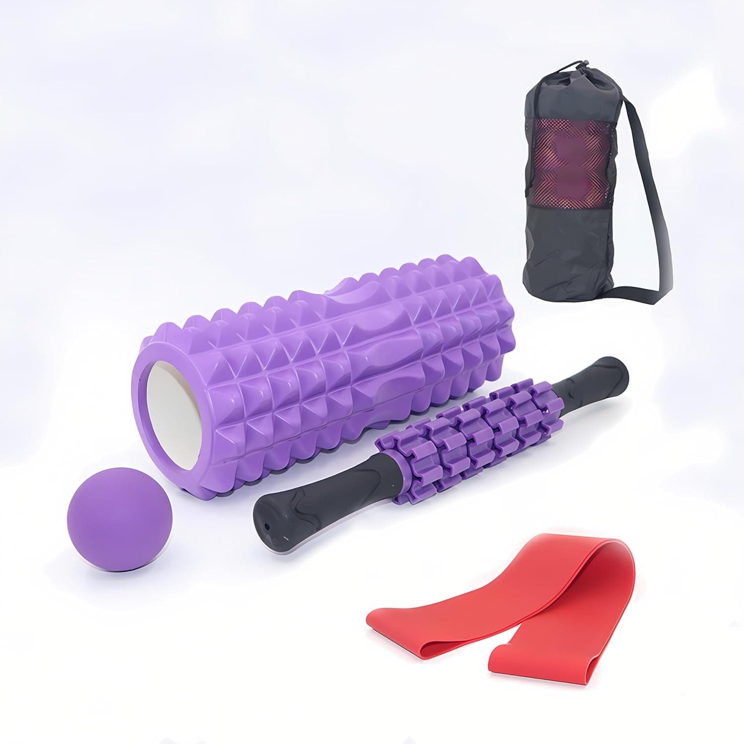 Durku 5 in1 Foam Roller Set, Trigger Point Foam Rollers, Massage Roller Stick, Massage Ball, Resistance Band for Deep Muscle Massage Pilates Yoga,Fitness Exercise for Whole Body (Purple)