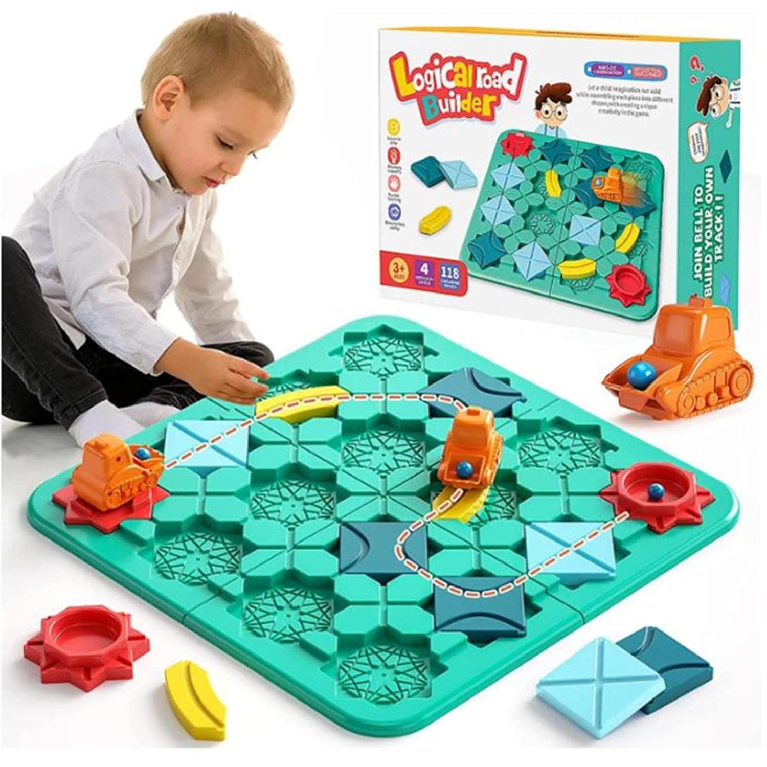 Soofam Logical Road Builder Games, Brain Teaser Puzzles for Kids Boys and Girls Age 3-8,STEM Learning Toys,Maze Track Rail Building and Construction Game with 4 Difficulty Games & 118 Challenges