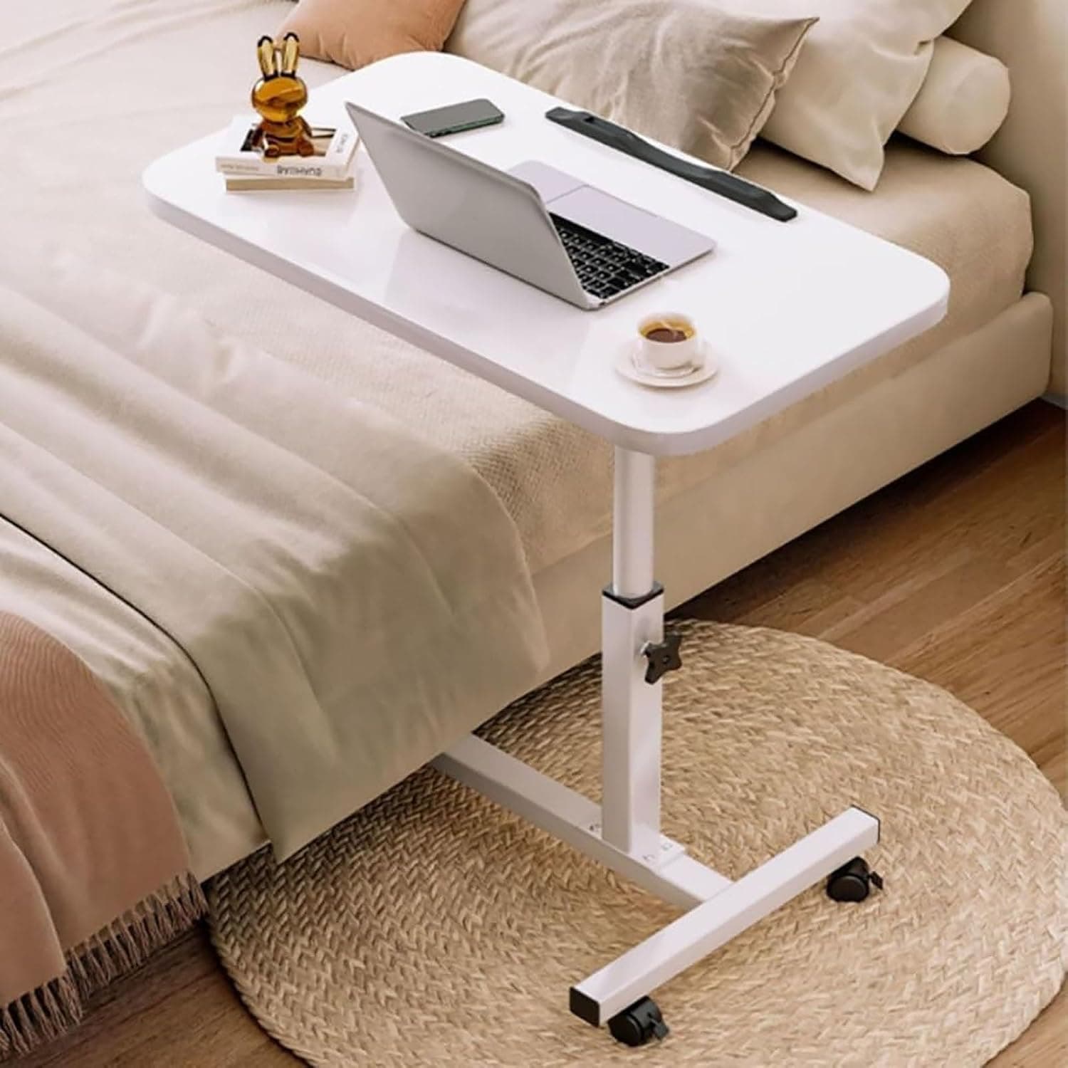Overbed Table with Wheels, Mobile Small Standing Desk, Adjustable Portable Laptop Desk,Computer Cart,Hospital Bed Table, for Offices, Home, Medical and School(White)