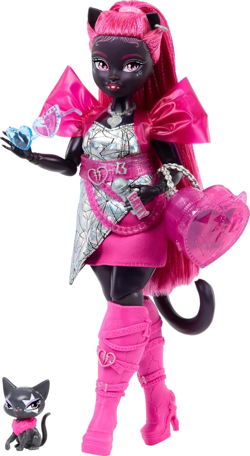Monster High Catty Noir Doll with Pet Cat Amulette and Accessories Like Backpack, Music Book, Microphone and More | Werewolf Cat Cat Cat Dress Amulette and Accessories as Backpack, Notbook, Mic and more, HXH76