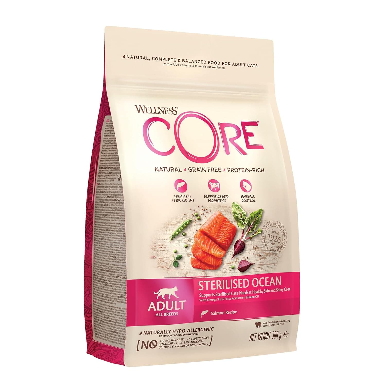 Wellness Core Cat Sterilised Salmon Dry Food 300 g | for Sterilised / Indoor Cats, Grain-Free, Natural, Hypoallergenic, High-Protein, High Fish Content, For Healthy Shiny Coat