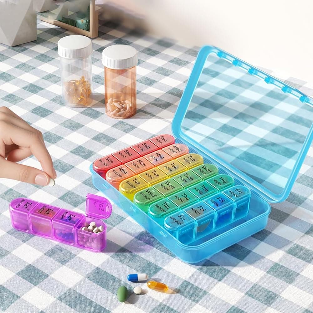 Monthly Pill Organizer, Daily Pill Box 7 Day, Large Travel Weekly Pills Case with 28 Compartment to Hold Medicine, Vitamin and Supplement, Blue