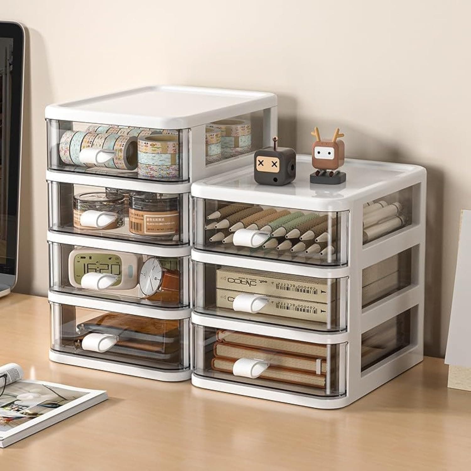 2Pack Desk Organizer With Drawers, Stackable Drawer Organizer Pen Holder Stationary Organizer, Plastic Desktop Storage Drawers for Office Supplies, Desk Storage Box For School, Home (3+4 Tier)
