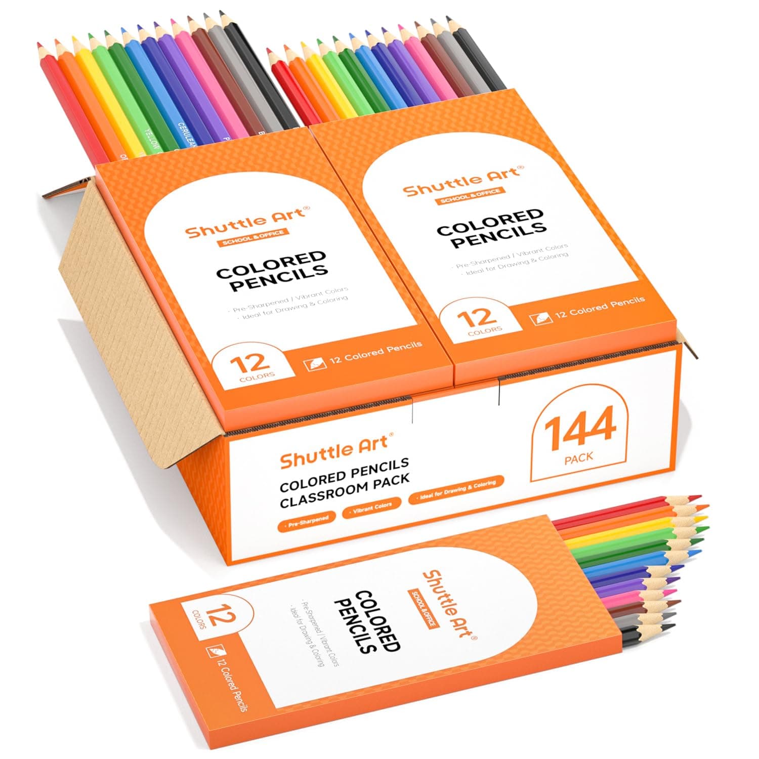 Shuttle Art 144 PCS Colored Pencils Bulk, 12 Assorted Colors, Pack of 12, Break-resistant, Pre-sharpened Colored Pencils for Kids, Bulk Pack School Supplies for Teachers & Students