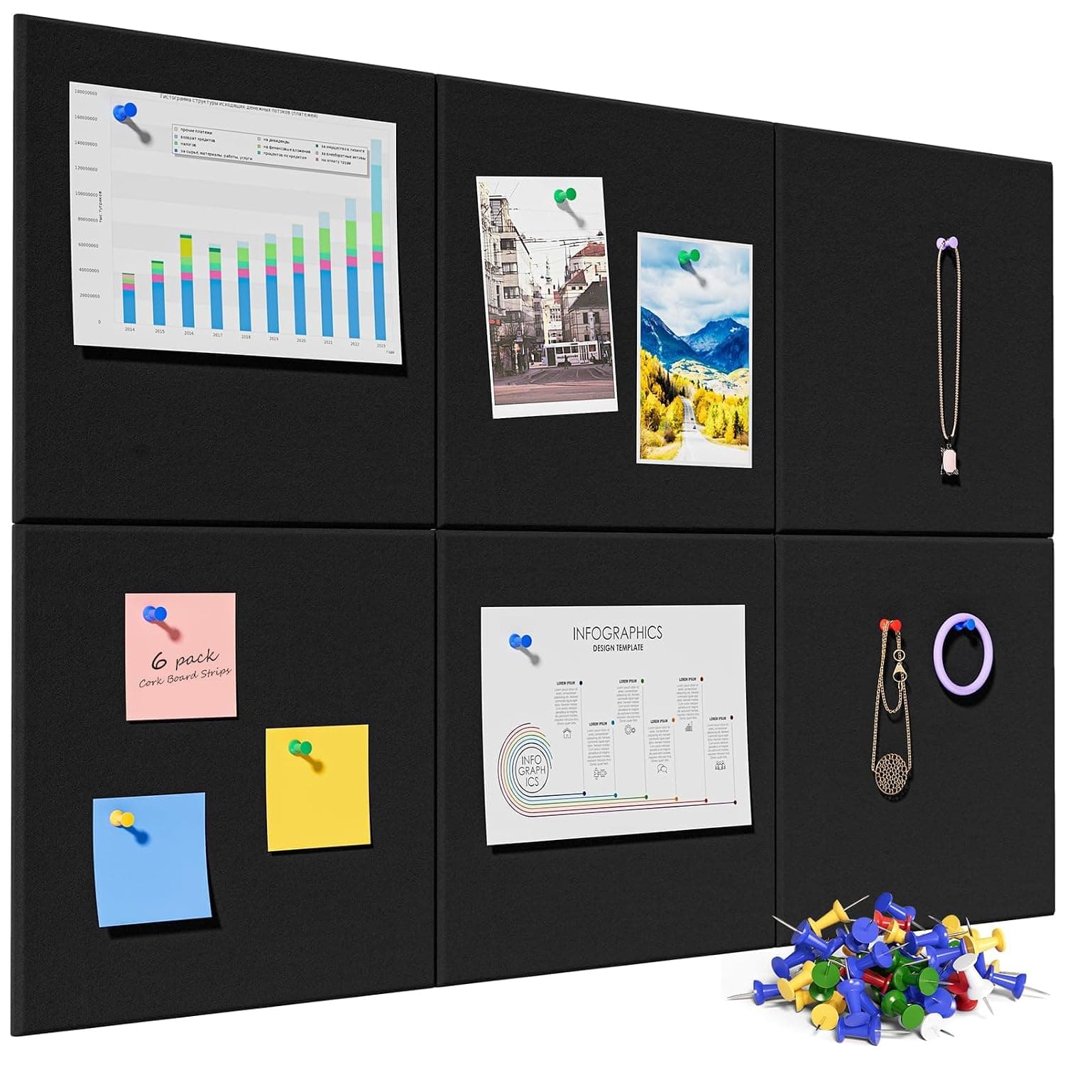 6Pack Cork Board Bulletin Board, 90x60CM Self-Adhesive سبورة Wall Boards with 35pcs Drawing Pins, Felt Message Board for Paste Notes, Photos, Schedules (Black, 36"x24")