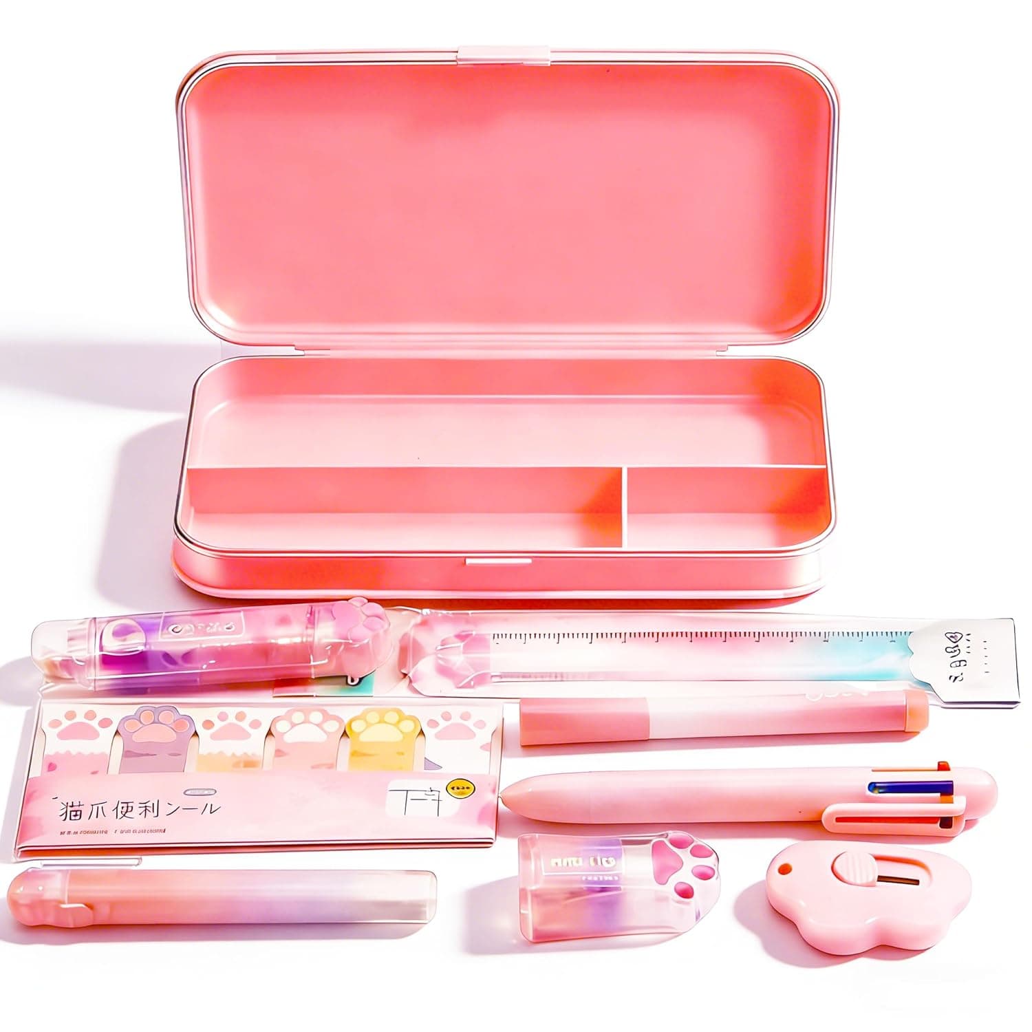 Cute Pink Cat Paw Pencil Case set Stationery Set School Supplies Office Supplies, 9 Pcs Including Pens, Highlighters, Eraser, Correction Tape,Pencil Sharpener, Ruler and so on