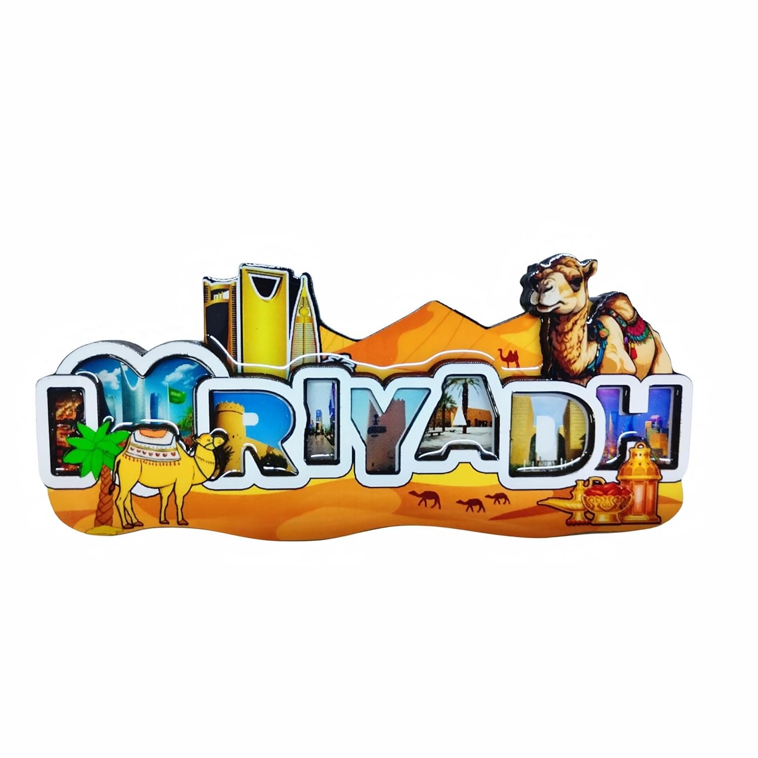 مغناطيس ثلاجة ثلاثي الابعاد من رياض تذكاري - تصميم صحراء وجمل ملون مع معالم المدينة، هدية سفر المملكة العربية السعودية، مغناطيس ثلاجة مزخرف قابل للتجميع، هدية تذكارية