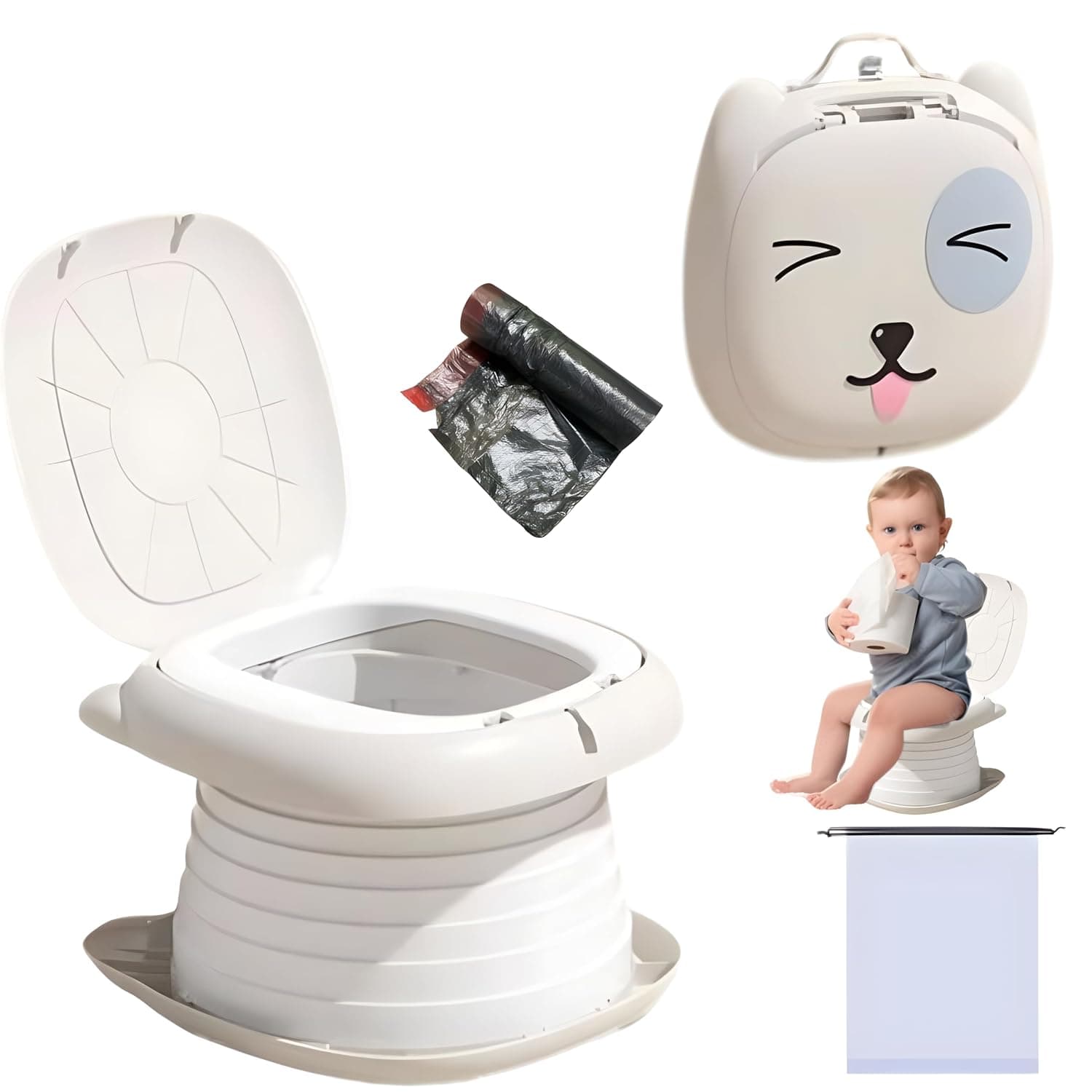 Foldable Potty, Portable Potty for Toddler Travel - Portable Toilet for Kids, Car Potty for Emergency, Ideal for Camping, Indoor & Outdoor Use with 15 Replacement Bags (grey)