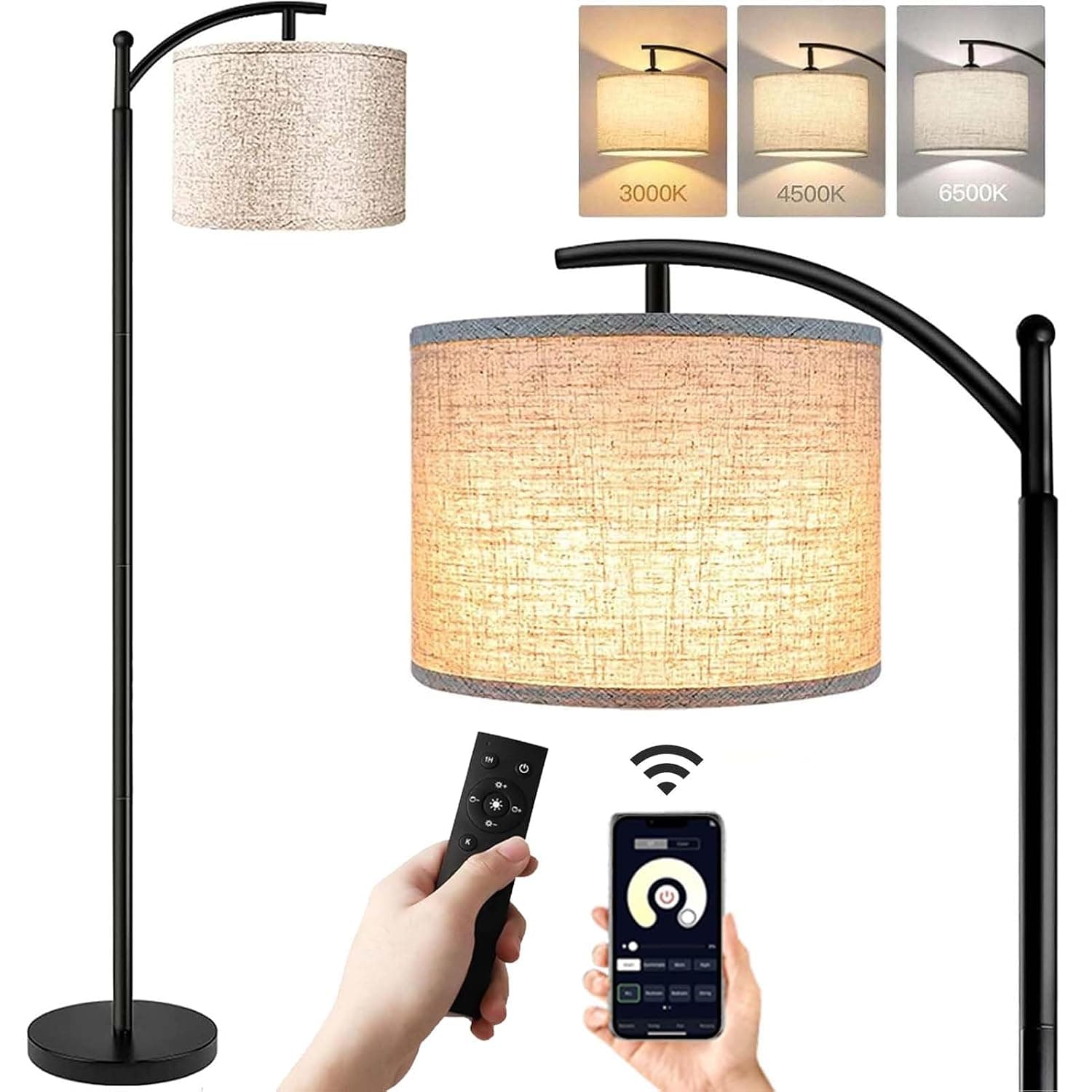 Tiokkss Floor Lamps for Living Room with 3 Color Temperatures, Standing Lamp Tall with Adjustable Linen Shade & Remote, Tall Lamps for Living Room Bedroom Office Classroom Dorm Room, 9W Bulb Included
