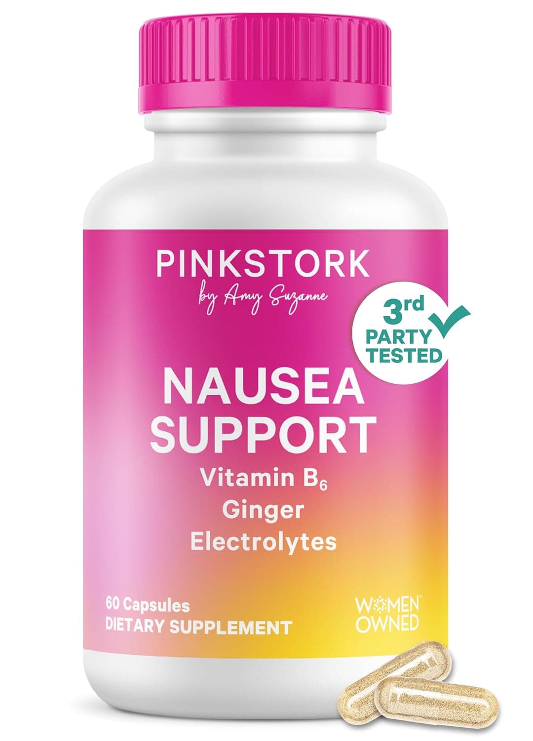Pink Stork Vitamin B6, Ginger, Electrolyte Capsule - Natural Digestive Support with Peppermint, Potassium, Magnesium - Gentle on The Stomach - Pregnancy, + Motion Sickness Must Haves - 60ct