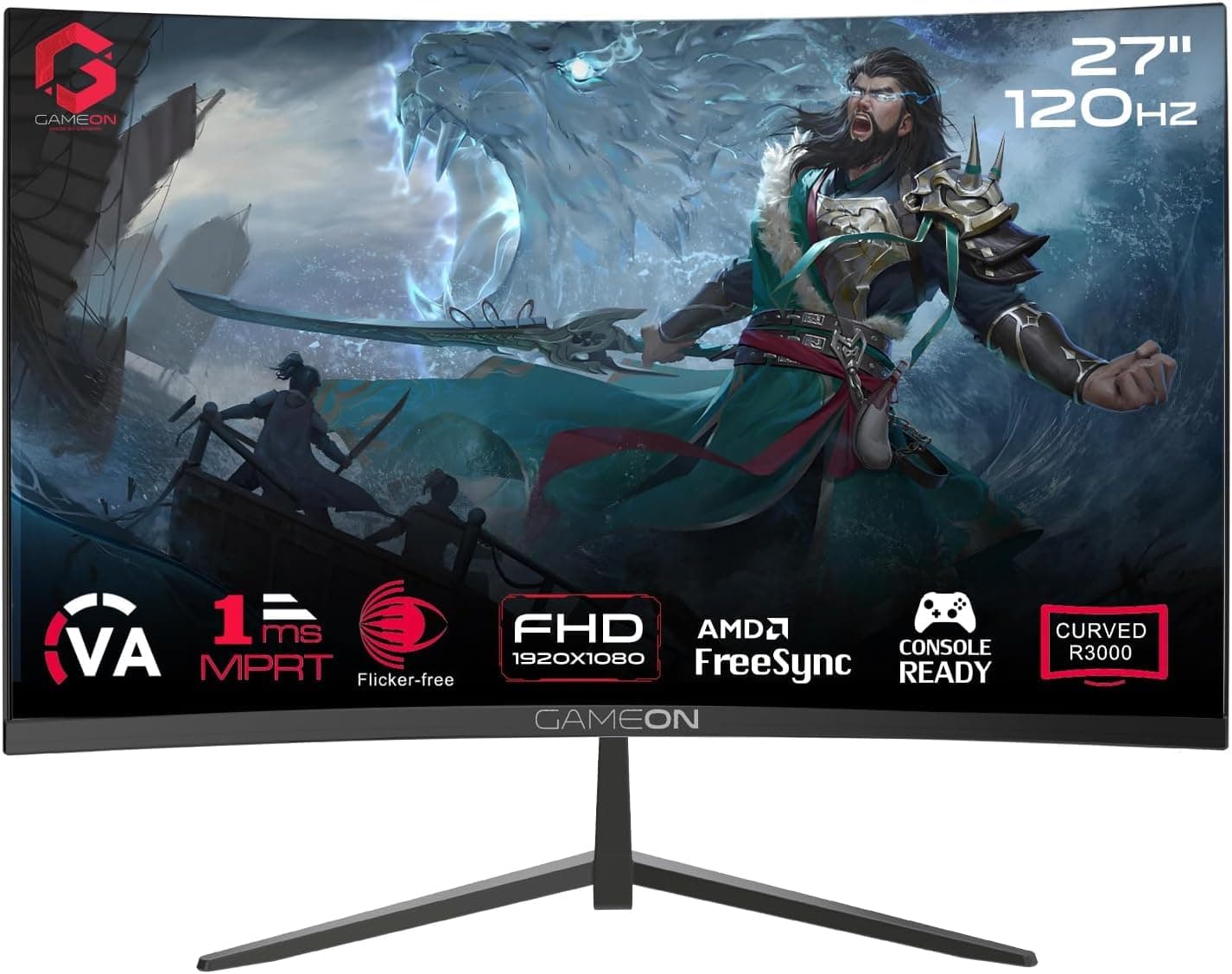 GAMEON 27” Curved Gaming Monitor – FHD 1080p, 120Hz, 1ms MPRT, FreeSync, VRR, HDMI 2.1 + VGA, Built-In Speakers, Smooth Console & PC Gameplay, VESA Mount, 100% sRGB, Low Input Lag
