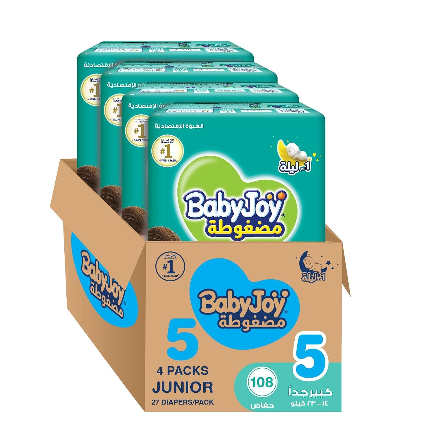 Babyjoy Compressed Diamond pad Diaper, Value Pack Junior Size 5, Count 108, 14-25 KG
