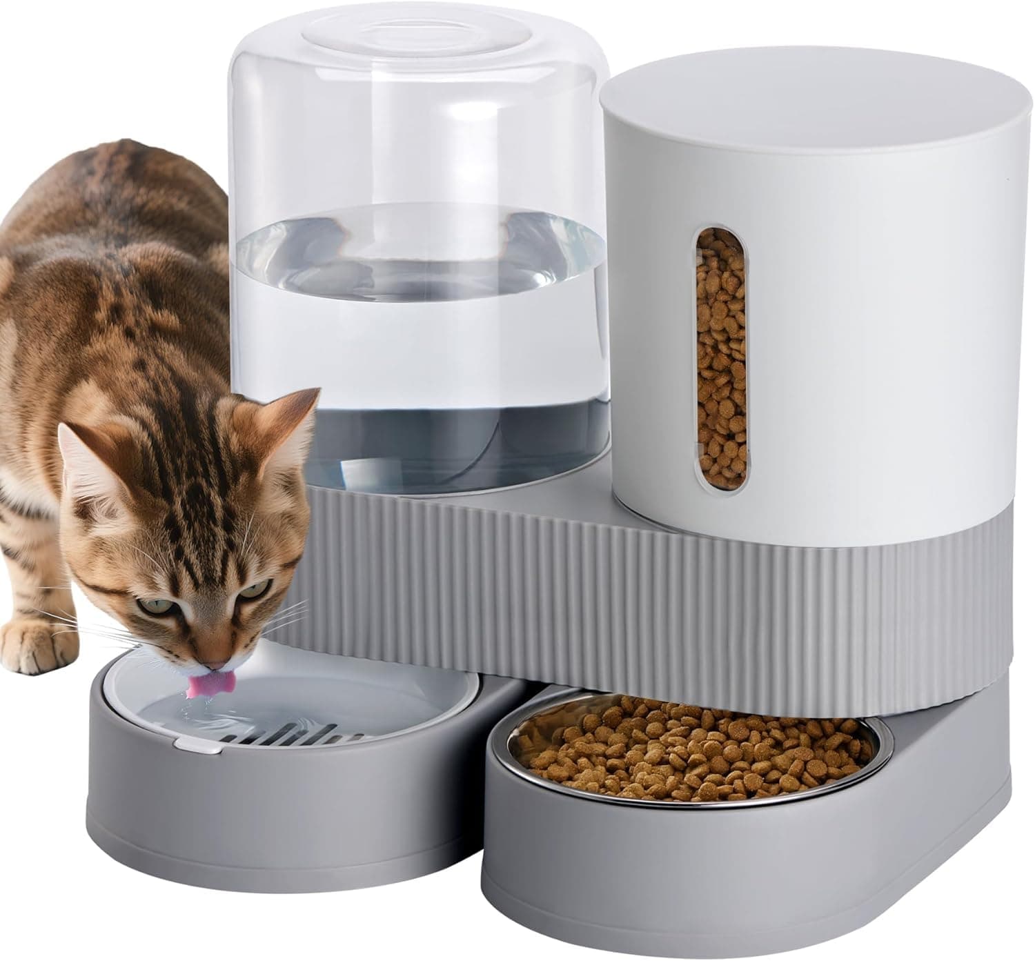 Uandhome Automatic Cat Feeder and Water Dispenser, 2-in-1 Gravity Pet Food Feeder and Water Set with Stainless Steel Food Bowl for Cats, Small Dogs, Rabbits, 360 Degree Rotatable