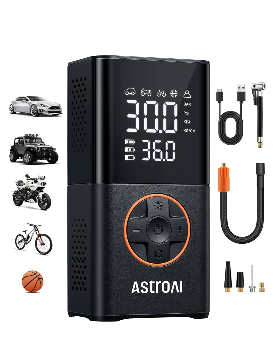 AstroAI Tire Inflator Portable Air Compressor Cordless Bike Pump with Digital Dual Values Display, 150 PSI Car Tires Pump with LED Lights Air Pump for Cars, Motorcycles, Bikes, Balls