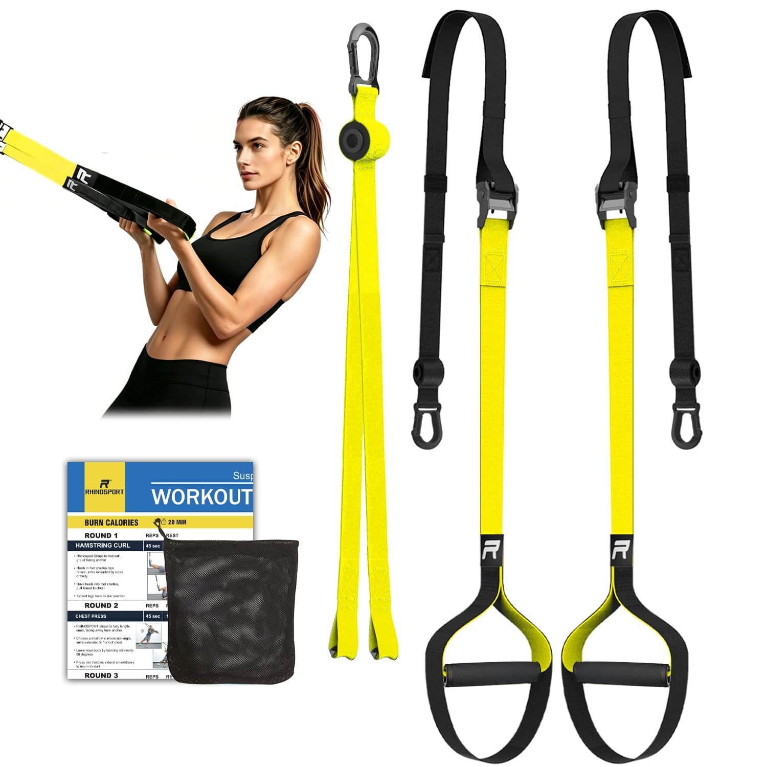 RHINOSPORT Schlingentrainer Sling Trainer Set mit Türanker Einstellbar Fitness Zuhause Suspension - geeignet für unterwegs und für das Training im Innen- und Außenbereich