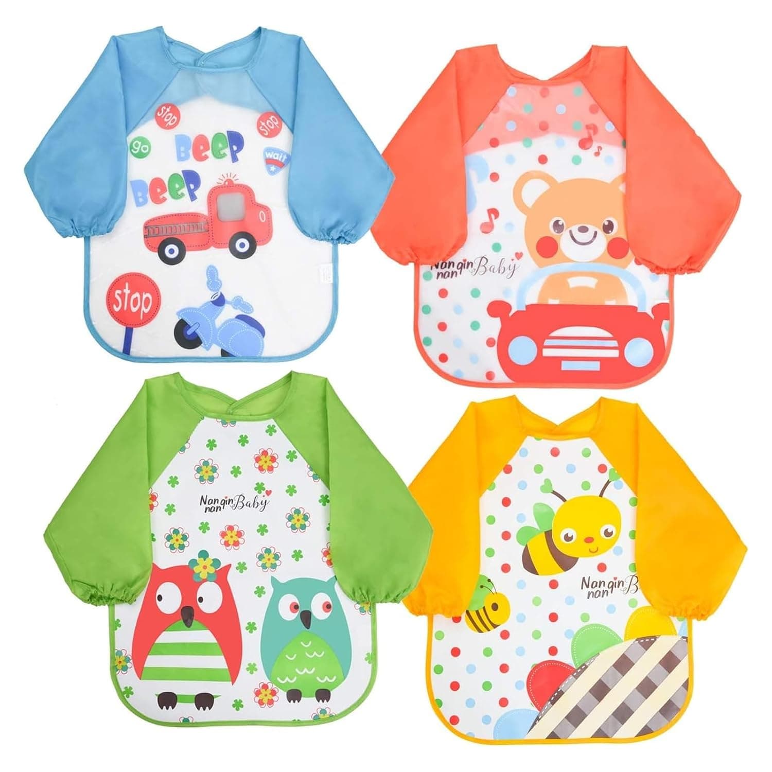 ToolHouse 4Pcs Waterproof Baby Bibs with Food Catcher, Easy-Clean Feeding Bibs for Toddlers (6-36 Months), for Eating, Playing & Painting