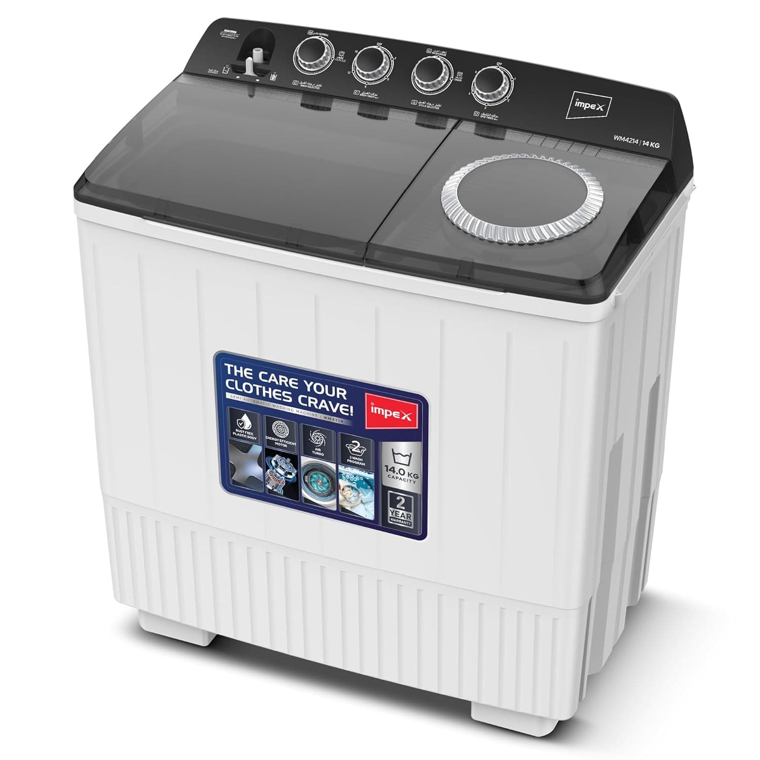 Impex 14Kg Twin Tub Semi-Automatic Washing Machine Appliance, Air Turbo Dry, Low Noise Energy Efficient Motor, IPX4 Moisture Protection, Collar Scrubber,2 Years Warranty - WM 4214
