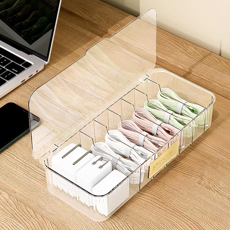 Cable Organizer, Charger Storage Organizer with 7 Compartments, Desktop Management Box with Lid, for Office,Home,Stationery,Desk Accessories, Clear