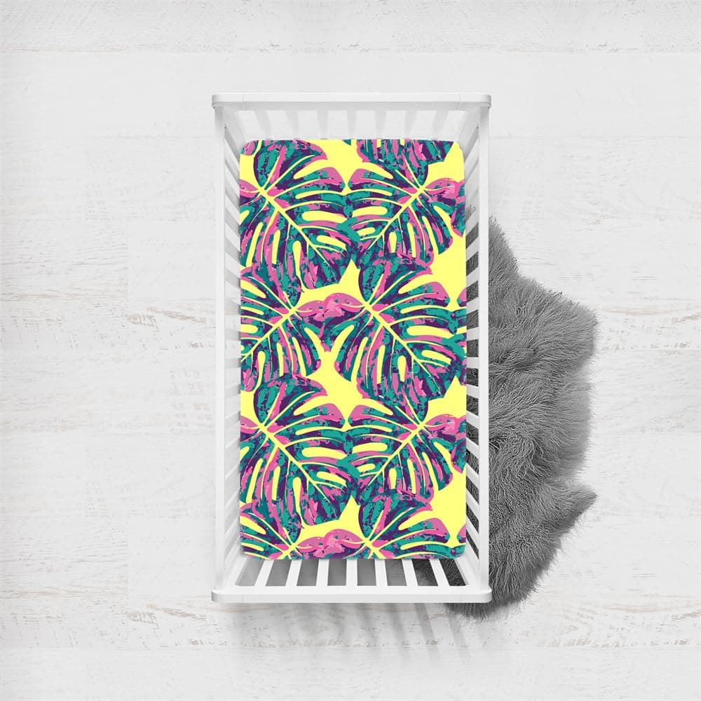 Odot Fitted Sheets for Baby Cot, Kids Bed Sheets, Tropical Monstera Print Microfiber Mattress Protector Comfortable Lightweight Bed Side Crib Cot Bed Sheets for Boys Girls (70x140cm,Pink Yellow