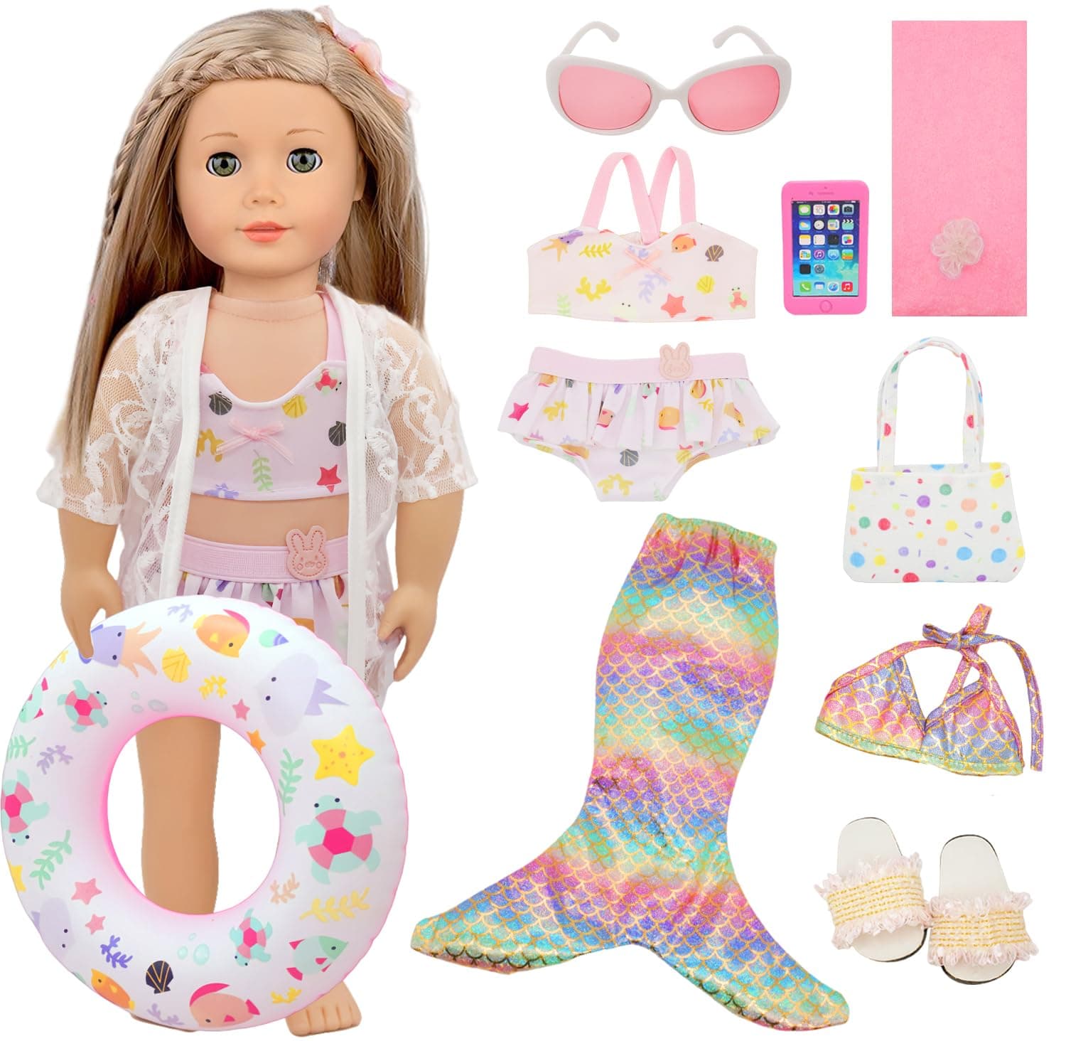 11 Pieces 18 Inch American Doll Bathing Suit Swimsuit with Accessories, Fashion 18 inch Doll Summer Outfits Including Mermaid Outfits,Swimming Circle,Bag,Phone,Shoes,Towel Set