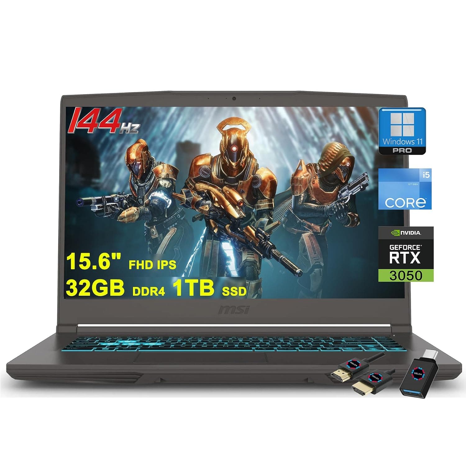 MSI Thin 15 Gaming Laptop | 15.6" FHD IPS 144Hz | Intel 8-core i5-12450H (>i7-11800H) | 32GB DDR4 1TB SSD | GeForce RTX 3050 | Backlit USB-C Win11Pro w/DLCA Accessory