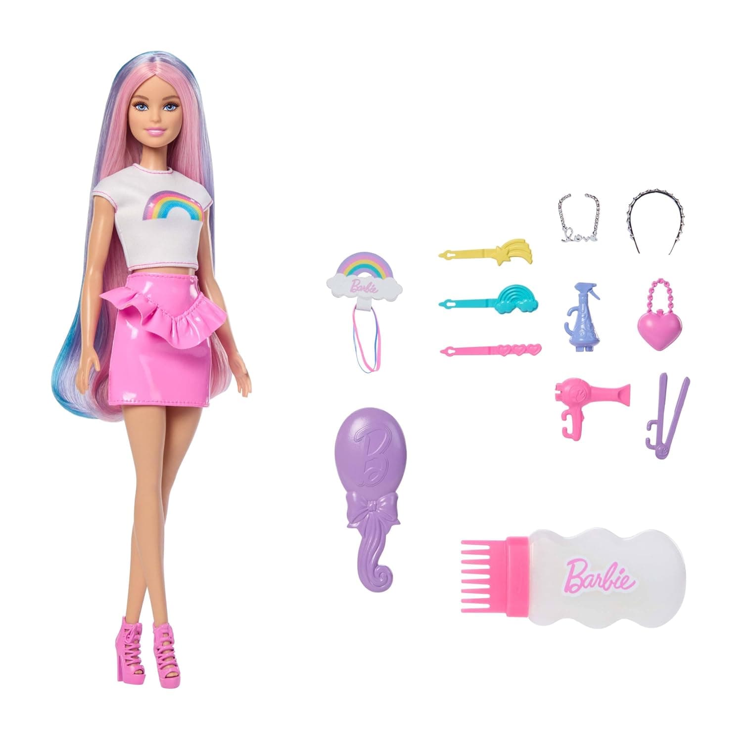 Barbie Rainbow Sparkle Hair Doll, Extra-Long and Colorful Hair with 12 Styling Accessories Like Glitter Tube, Brush, Clips, Dryer and More