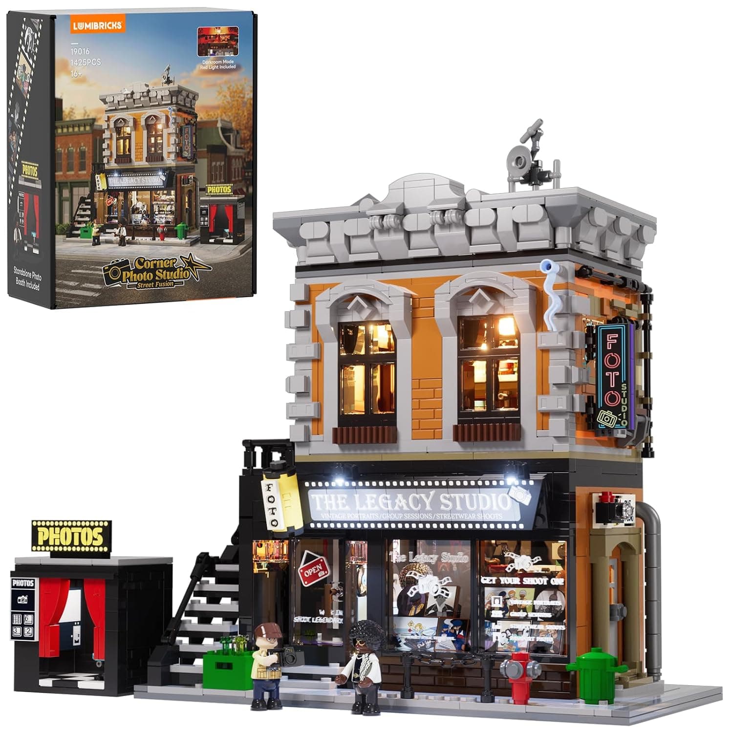Lumibricks Corner Photo Studio Building Block Set with LED Lighting, 1425 Pieces Modular Corner Building for Adults, Vintage Photo Shop with Camera Flash Effect, Rotatable Photo Stage and Darkroom