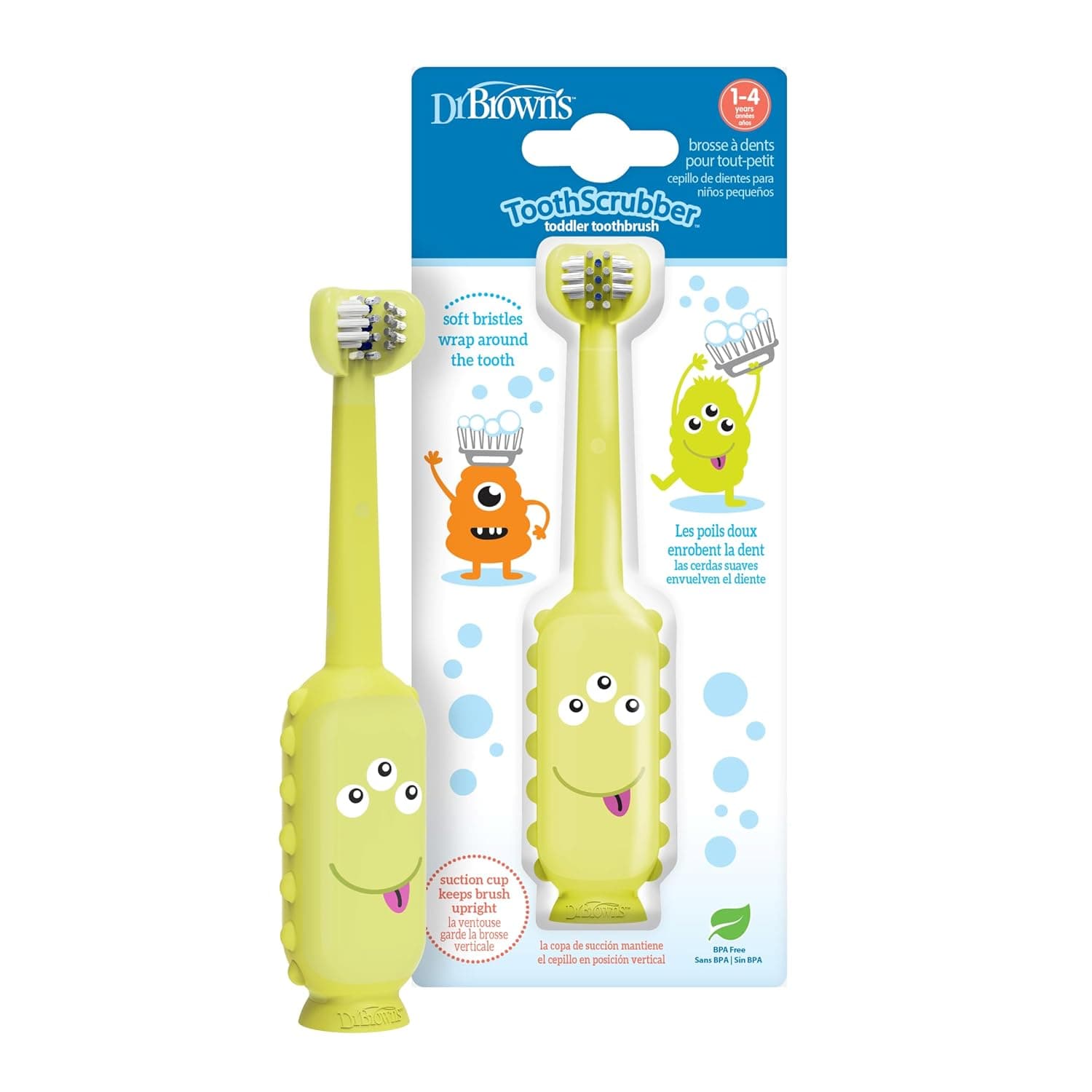 Dr. Brown's ToothScrubber Toddler Toothbrush, Triple-Sided Training Toothbrush with Suction Cup Base, Green, Baby Oral Care, Ages 1-4 Years