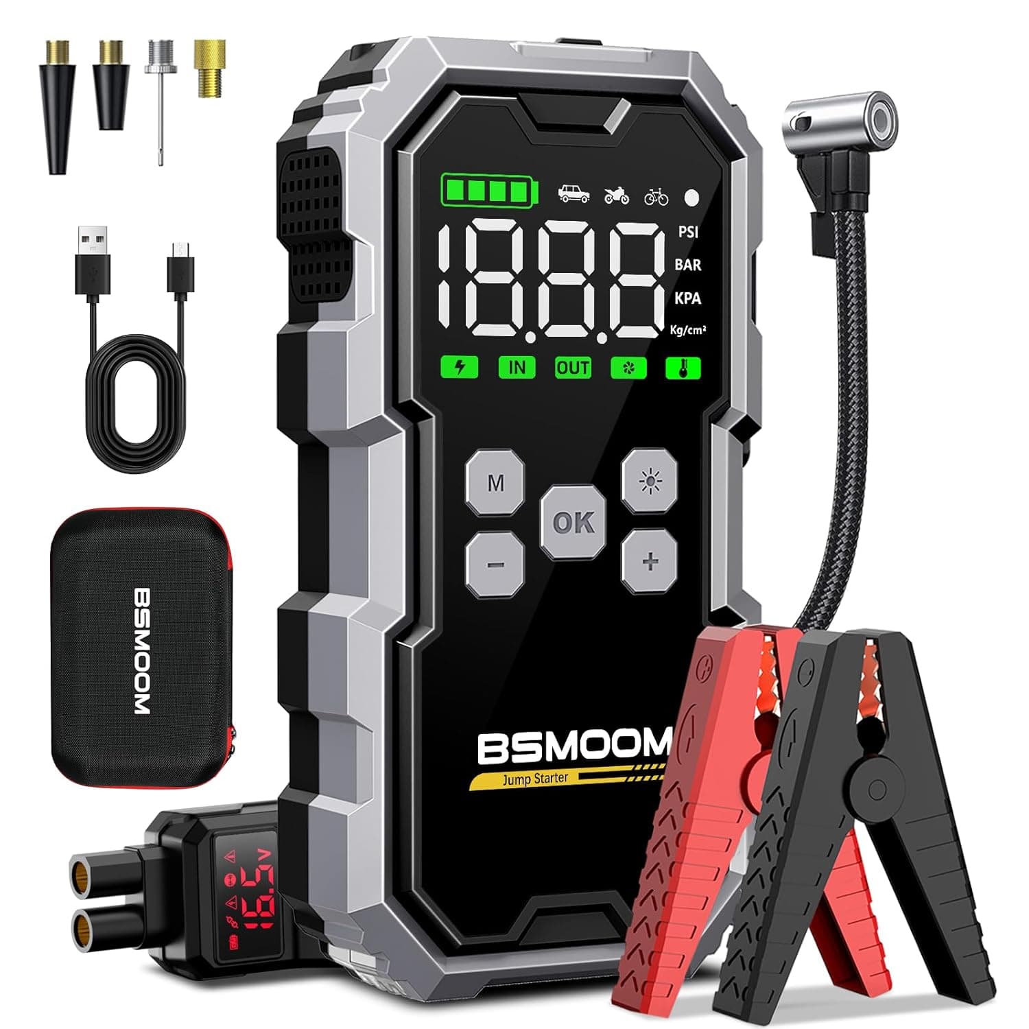 Jump Starter with Air Compressor, 7000A 26800mAh 150PSI Portable Car Battery Jump Starter (All Gas/10.0L Diesel), Jump Box Portable Jumper Cables with 3.4" LCD Display, 2 Lights