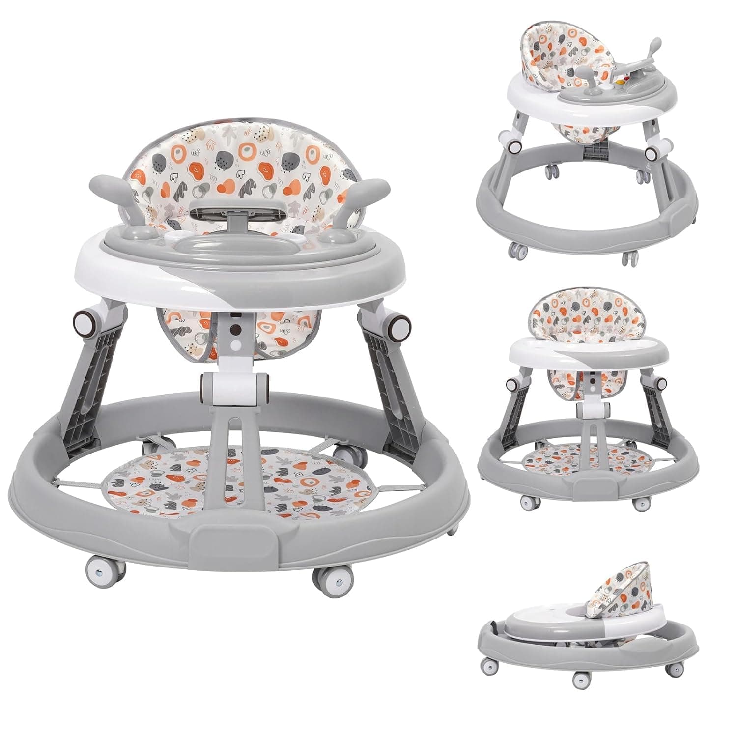 Baby Heel with Steering Wheel, Set, Mat, Round Non-Slip Chassis with 6 Wheels, Foldable and with 3 Adjustable Heights, Seat with 4 Adjustable Positions, Walker for Babies from 6 Months
