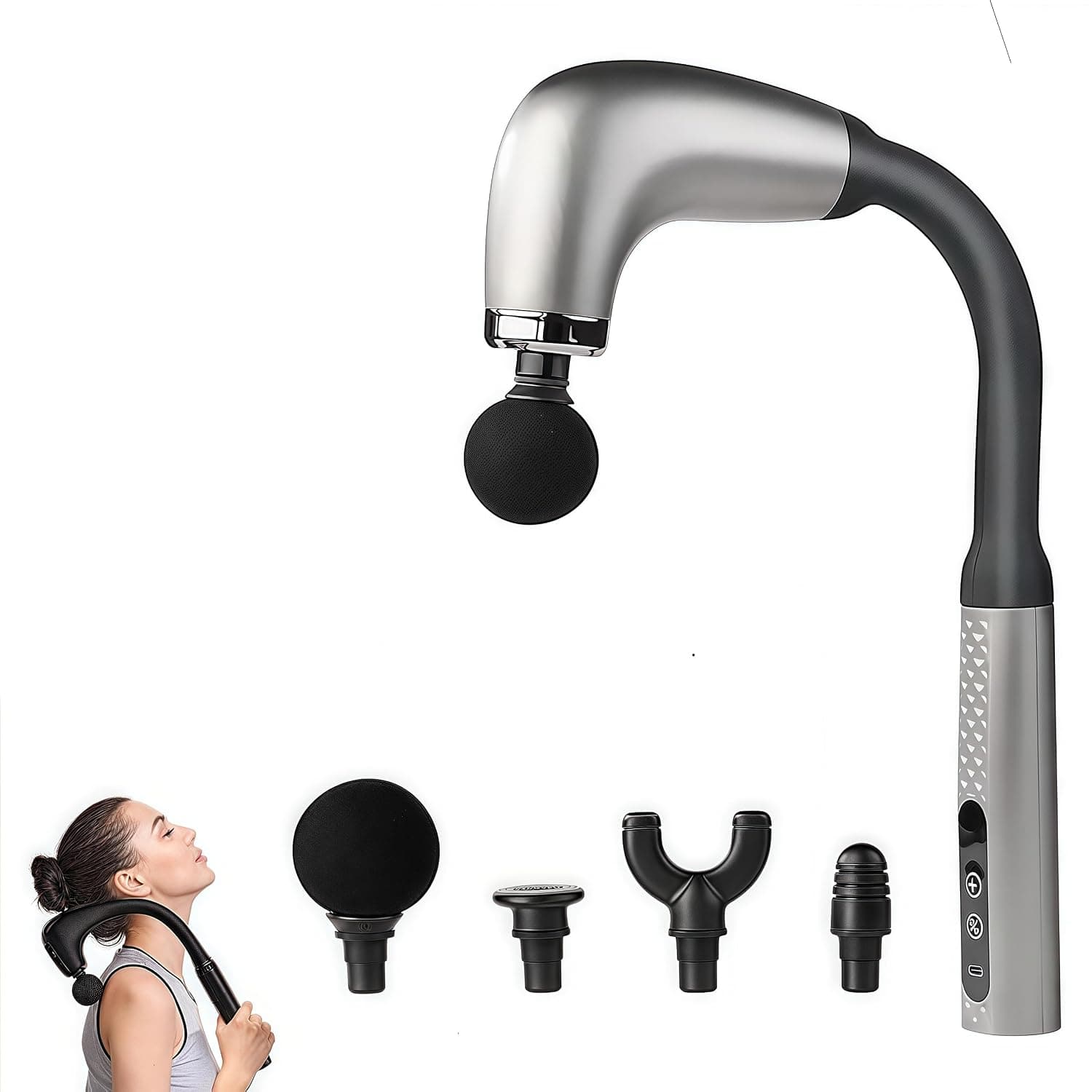 Massage Gun with Extended Handle Revolutionary U-Shaped Back Massager With 4 Heads, 9 Speeds, for Pain Relief Deep Tissue Body Massager for Neck, Shoulder, Leg-Reach Every Muscle with Ease (Silver)