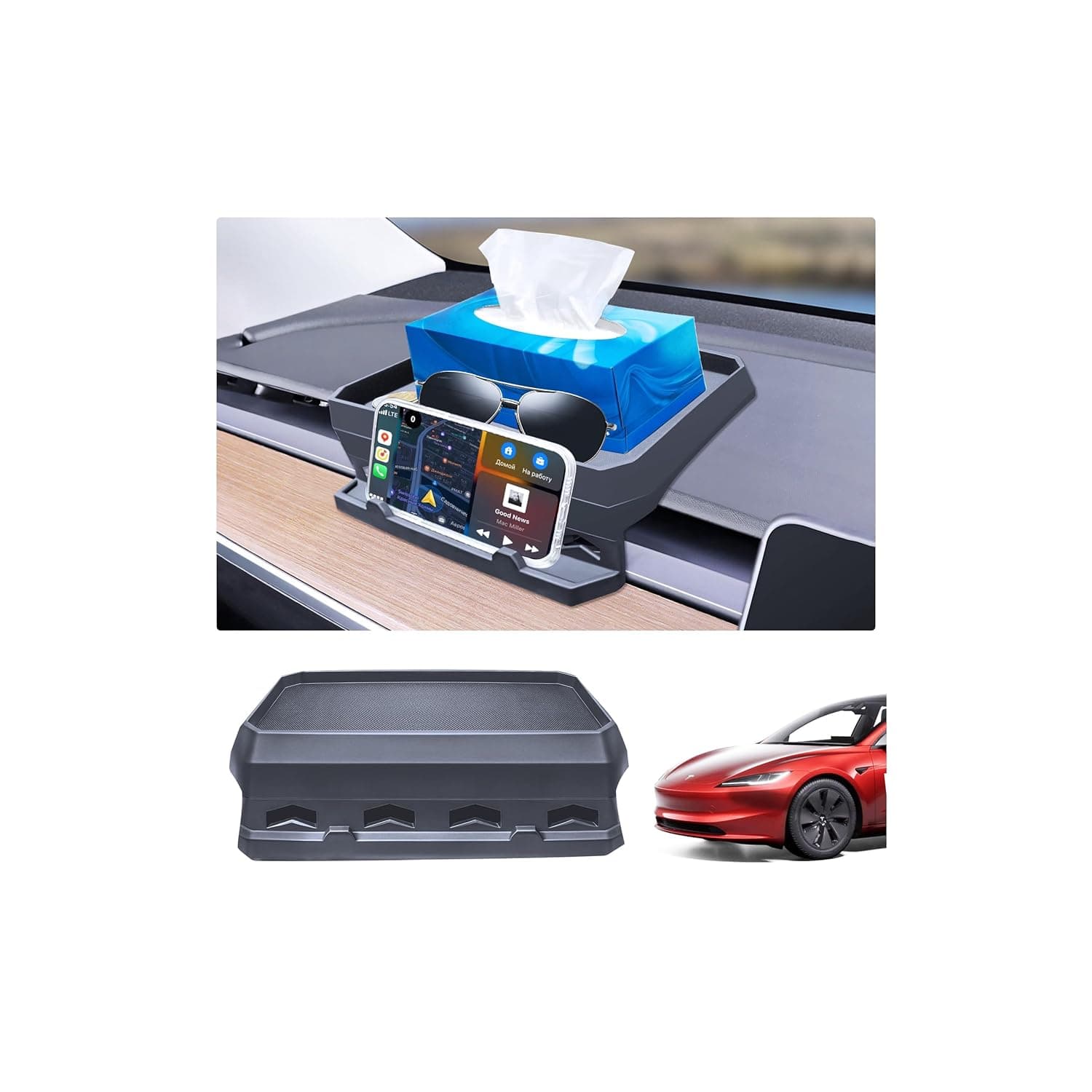 2026 Tesla Center Console Organizer Tray - Non-Slip Hidden Storage Box for Sunglasses, Phone, Tissue, Card Holder - Dashboard Behind Screen Accessory for Highland, Juniper Interior Upgrade
