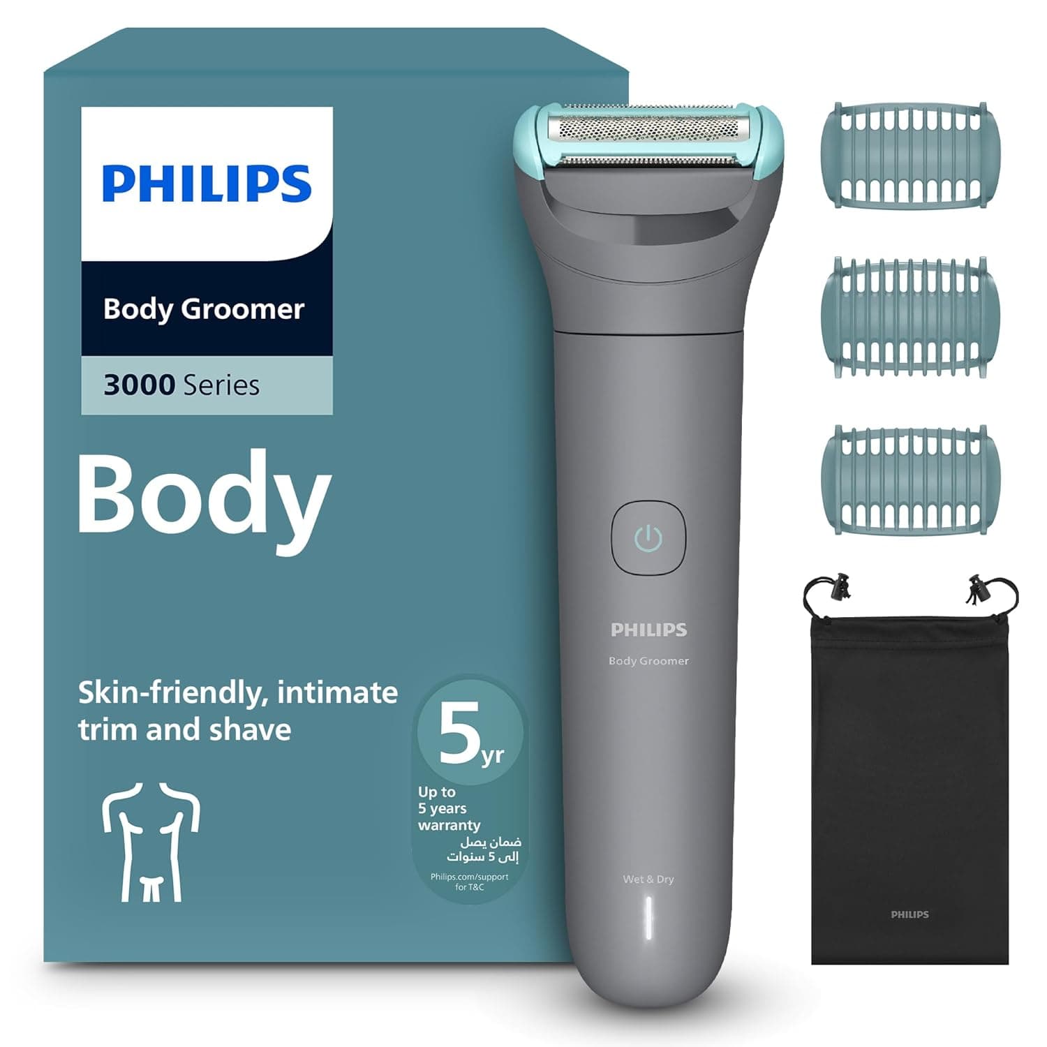 Philips Body Groomer BG3485/15 | Trim & shave body hair | 100% showerproof | Close, skin-comfort results | 2/3/5 mm combs | Up to 80 min cordless | Battery indicator | USB charging | Easy to clean
