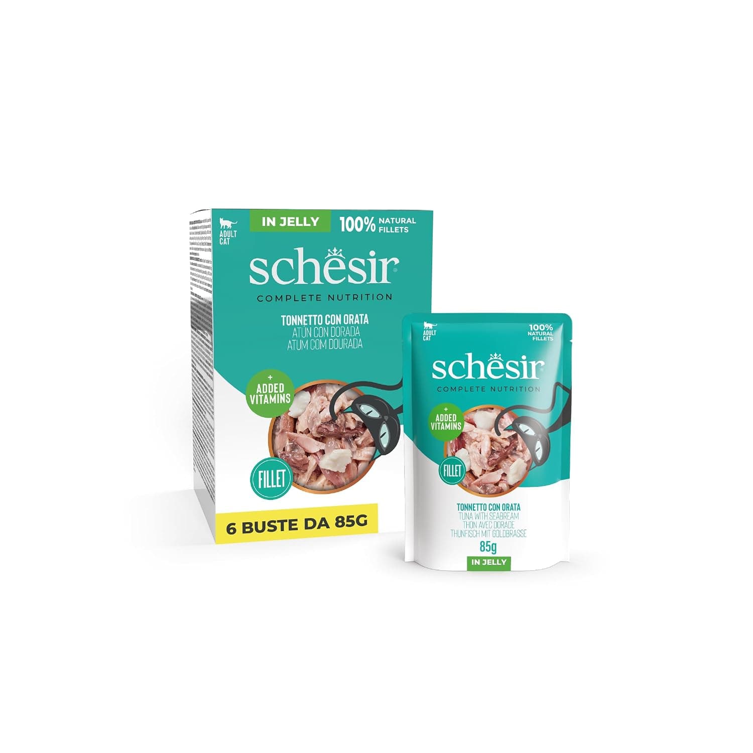 Schesir, Tuna with Golden Jelly, Complete Wet Cat Food, Sachet, 100% Natural Ingredients, Cruelty-free, 6 x 85g