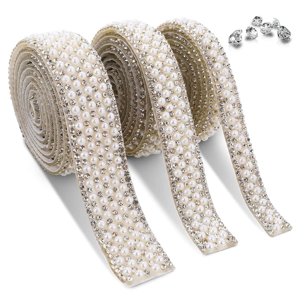 HANNEA® 3 Rolls Self-Adhesive Pearl Rhinestone Ribbon Tape 1cm/1.5cm/2cm, Glitter Decorative Strip for Crafts, Scrapbook, DIY, Gift Wrapping & Art Decoration - 1 Yard Each Roll