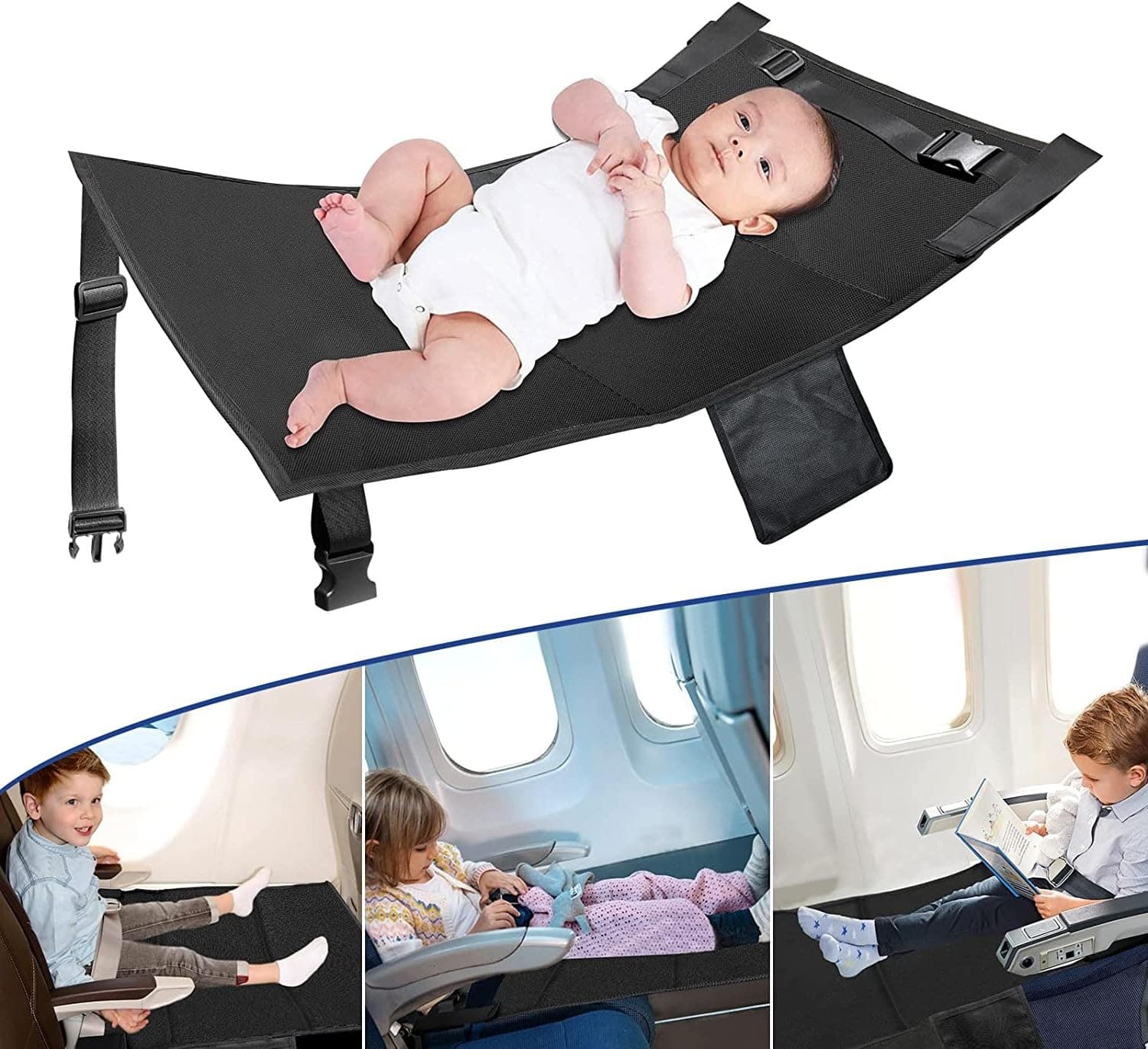Airplane Seat Extender for Kids, Portable Toddler Travel Bed, Baby Travel Essentials for Flying Sleeping, Travel Seat Cushion for Airplane (Black)