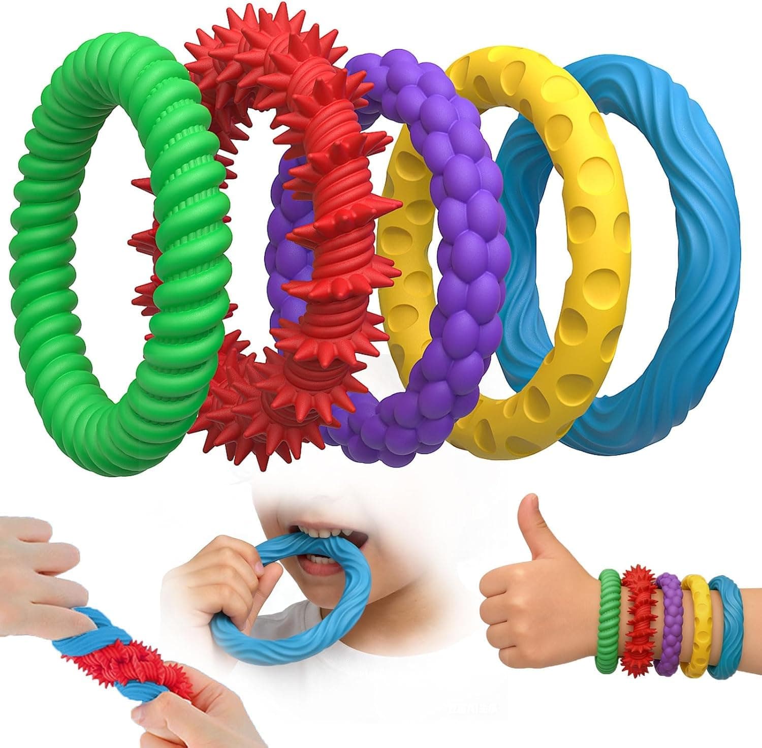 Chewable & Stretchy Sensory Fidget Bracelets for Kids - 5 Pack Textured Silicone Bands for Autism ADHD & Anxiety Relief, Quiet Classroom Toys, Calm Down Corner and Focus Aids