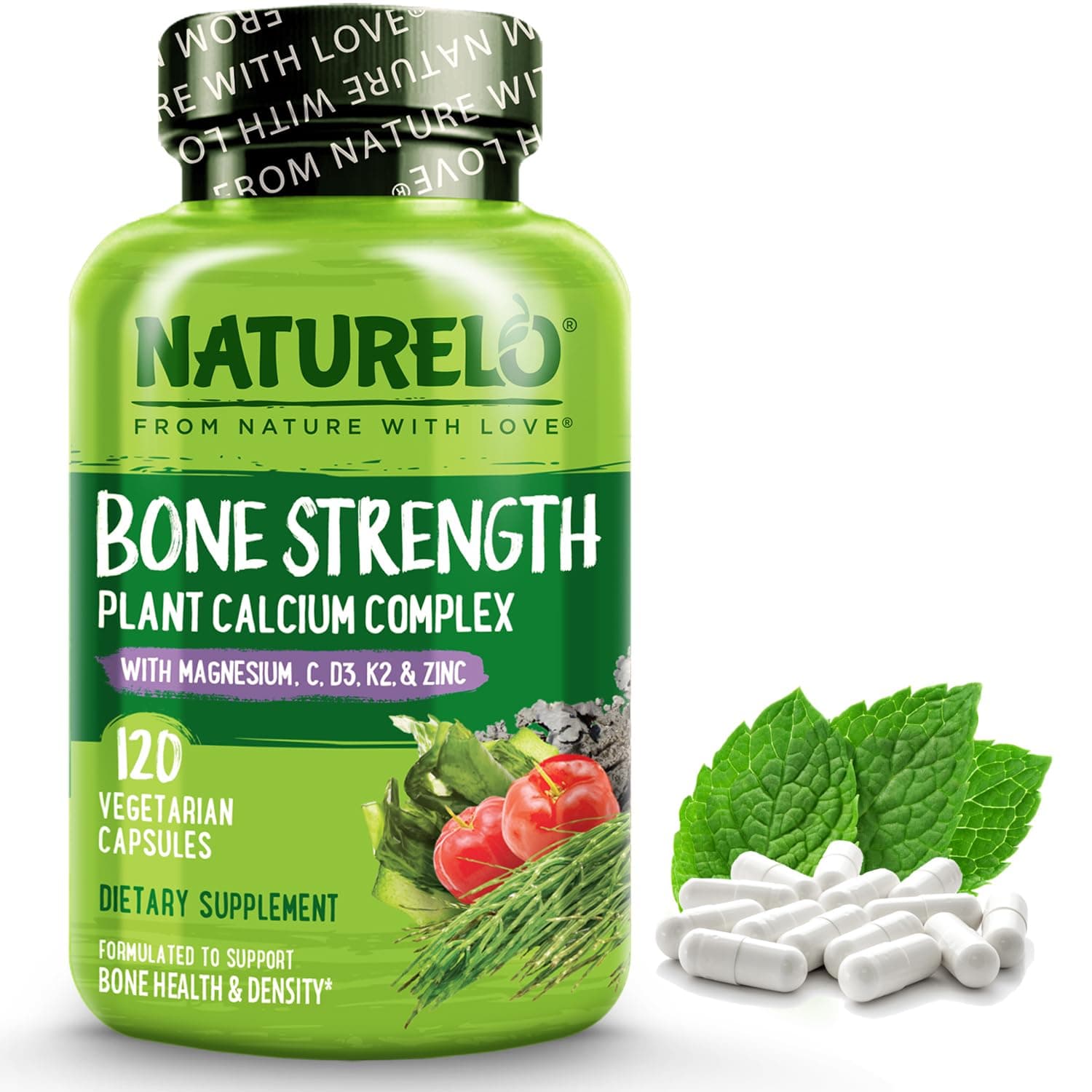 NATURELO Bone Strength - Plant-Based Calcium, Magnesium, Potassium, Vitamin D3, VIT C, K2 - GMO, Soy, Gluten Free Ingredients - Best Whole Food Supplement for Bone Health - 120 Vegetarian Capsules