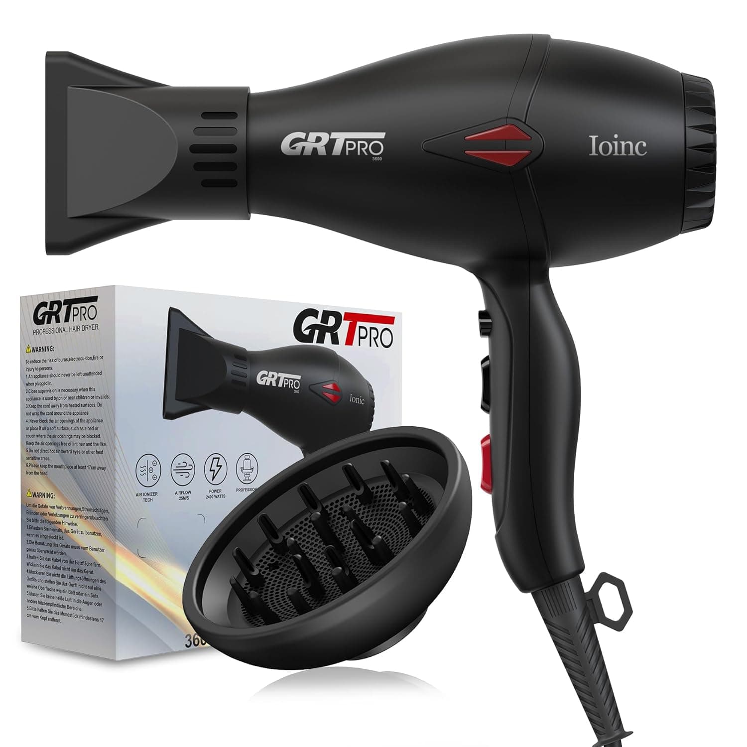 GRT PRO Professional Hair Dryer 2400W Ionic Hairdryer AC Motor 40 Million Negative Ions with 1 Diffuser & 1 Nozzle Accessories, Overheating Protection 2 Speeds 3 Heat Settings for Women Men Home Salon