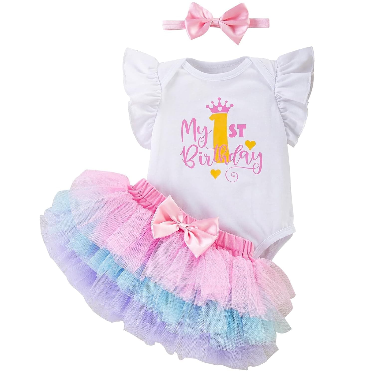 3PCS Baby Girl First Birthday Outfit Bow Headband My 1st Birthday Romper Tutu Skirt Set for Cake Smash Photo Shoot