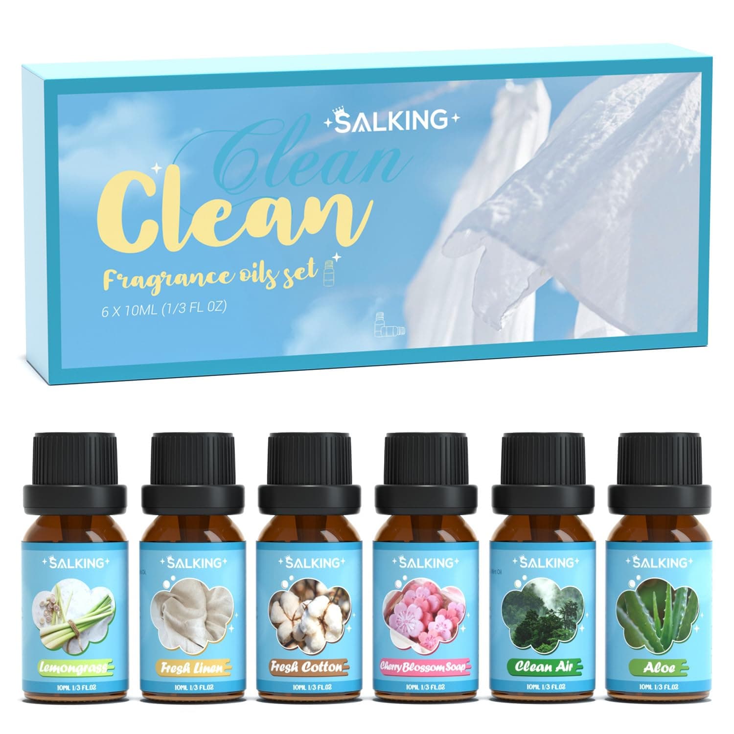 SALKING Clean Fragrance Oils, Essential Oils Gift Set, Diffuser Oils, Scented Oils for Soaps Candle Making - Lemongrass, Fresh Cotton, Fresh Linen, Cherry Blossom Soap, Clean Air, Aloe …