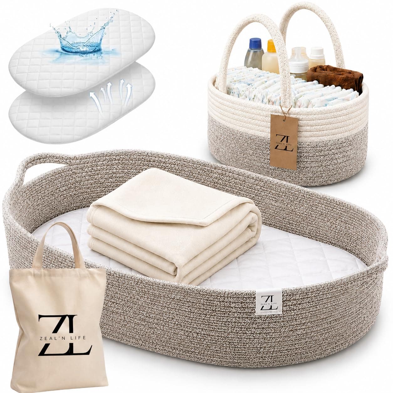 ZEAL'N LIFE Baby Changing Basket with Diaper Changing Sheet, Soft Baby Blanket and Waterproof Mattress Cover - Changing Pad - Moses Basket for Baby, Changing Table Dresser, Diaper Changing Pad