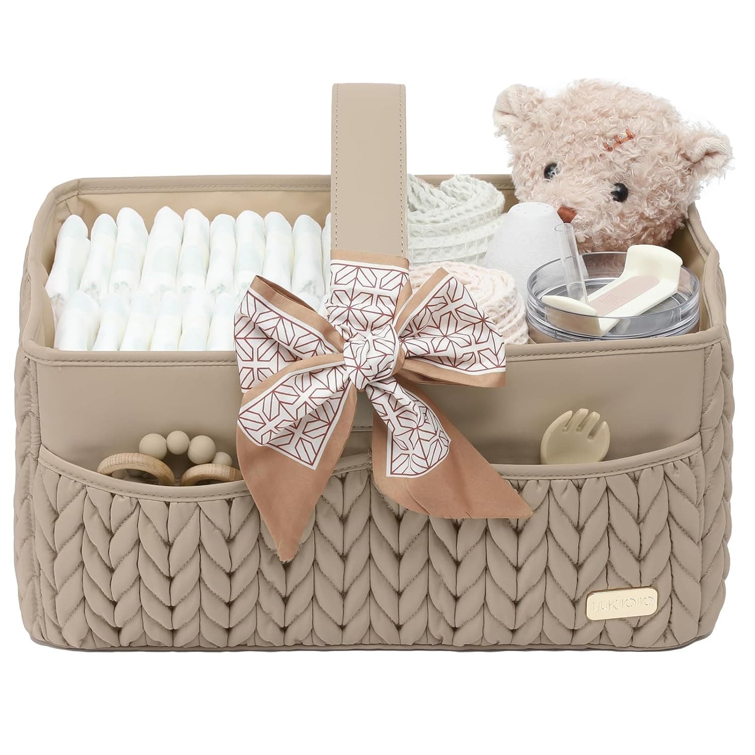 Luxurious Baby Diaper Caddy, Nursery Storage Basket for Newborn Essentials, Travel Baby Basket for Diapers Baby Wipes, Organizer Tote Bag Storage Bin, Baby Shower Gifts(Beige)