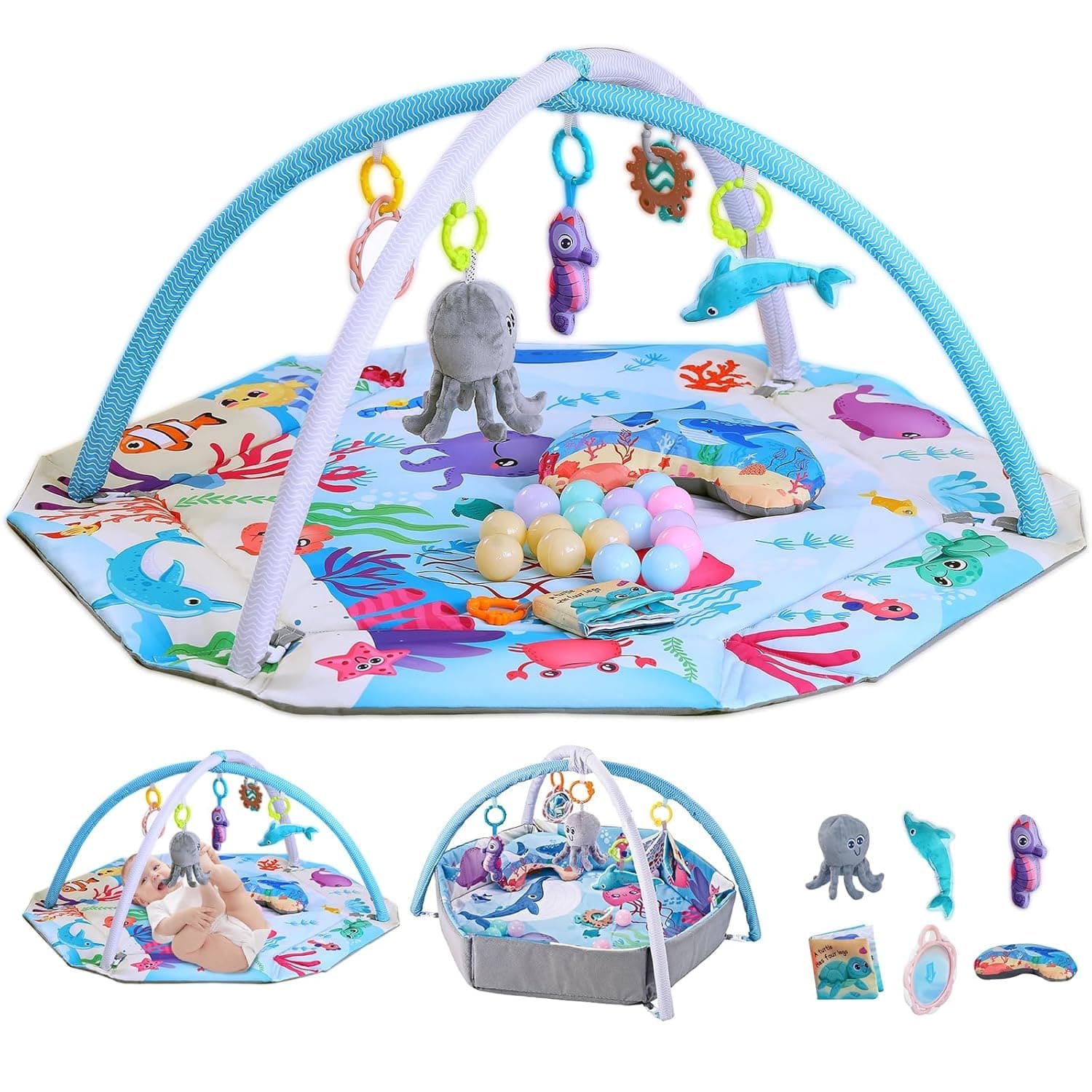 Baby Gym Play Mat,Infant Play Mat Activity Mat with Ball Pit & Detachable Toys for Stage-Based Sensory Exploration & Motor Skill Development,Easy to Install & Clean,Baby Essentials Gift (Blue)
