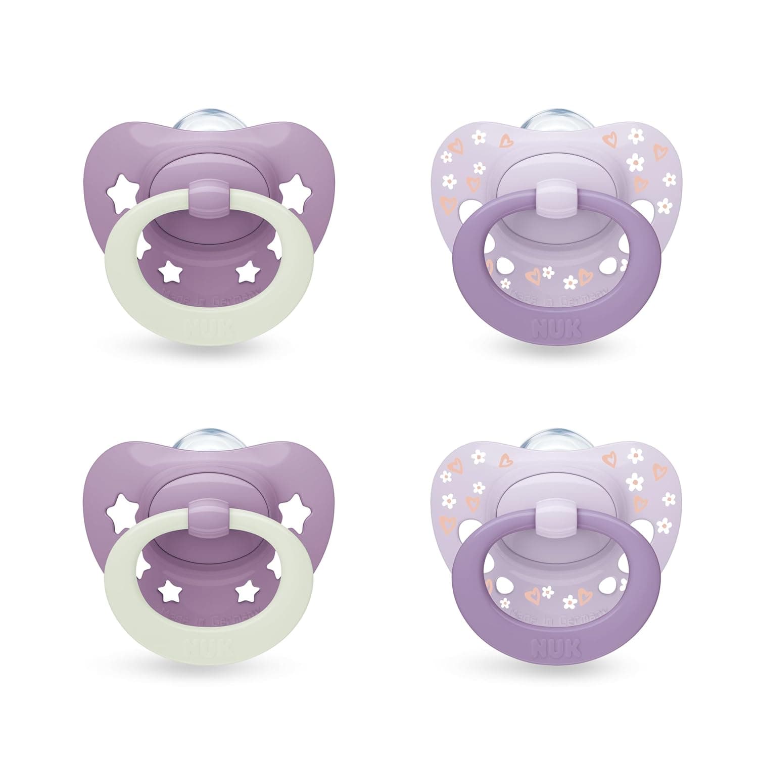 NUK First Choice Classic Night Baby Dummies | 6-18 Months | Orthodontic Soothers That Glow in The Dark | 95% Baby Acceptance** | Purple | 4 Count