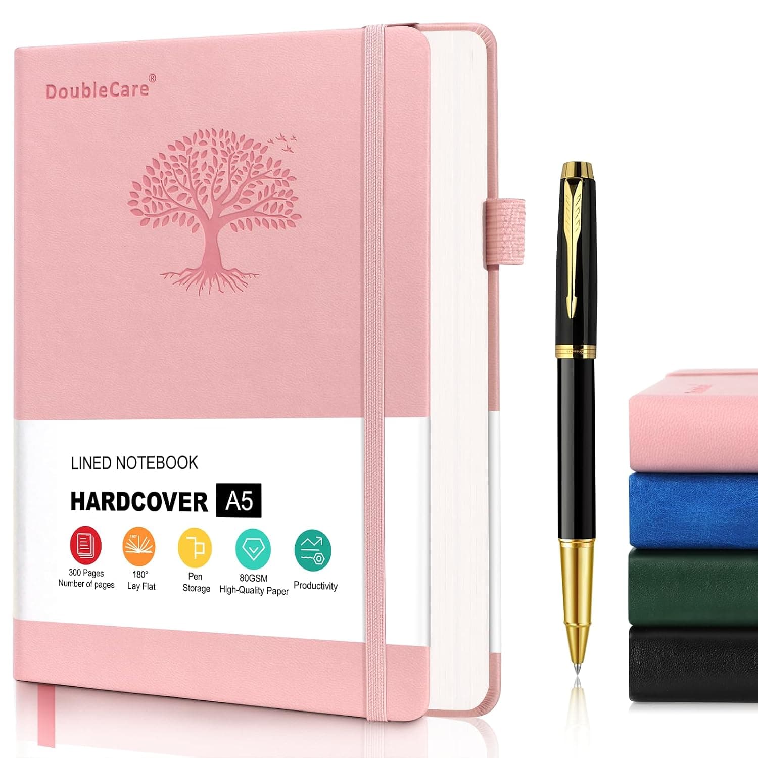 DoubleCare 300 Pages Hardcover Notebook,A5 Leather Thick College Ruled Journal with 80GSM Paper,Ruled Notepad with Pen, Daily Journal for Women Men Work Organization, School Supplies Office,Deep Blue