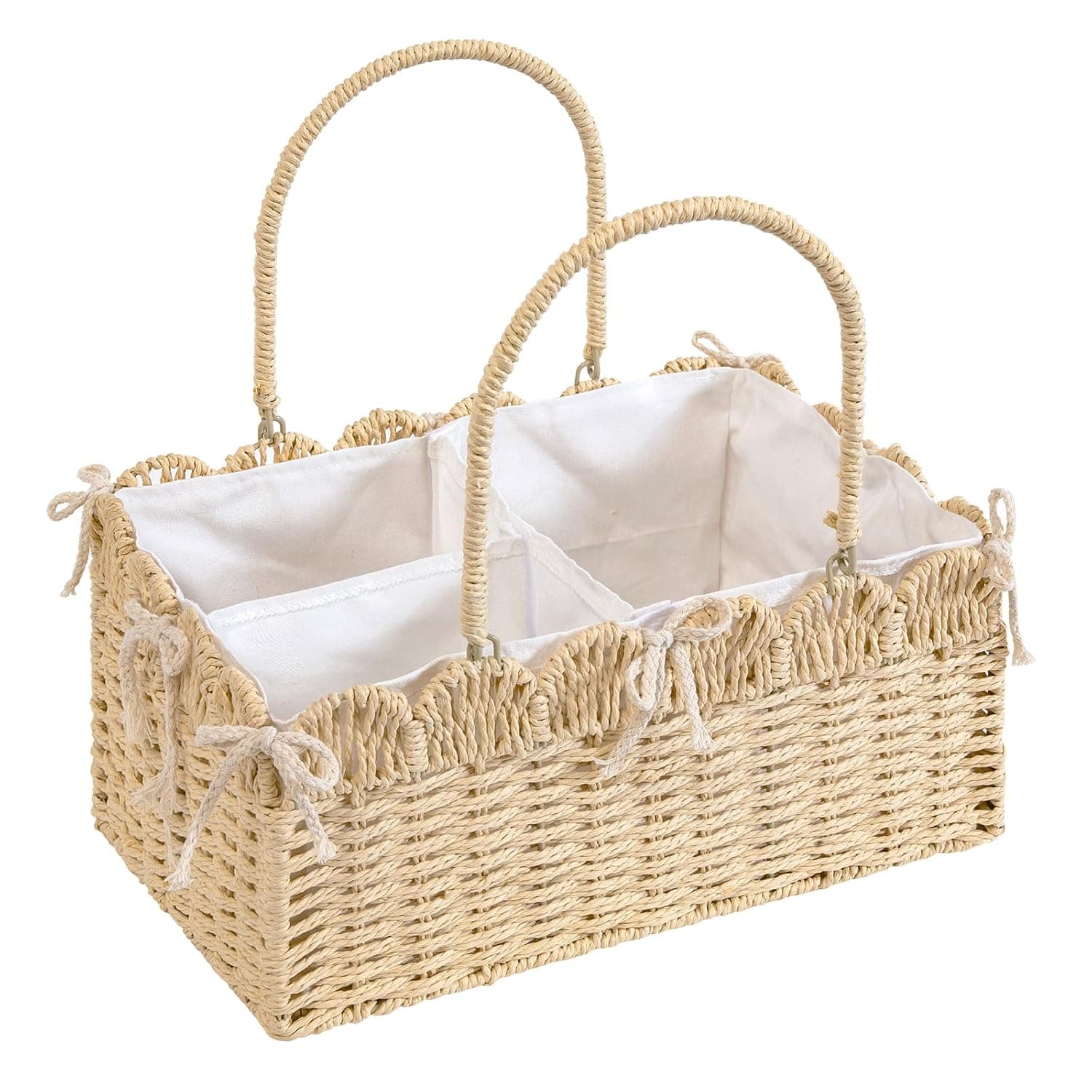 Large Baby Diaper Caddy, Brown Paper Rope Storage Basket with Handles, Portable Nursery Organizer with Removable Divider for Diapers, Wipes, Baby Essentials (Nature)