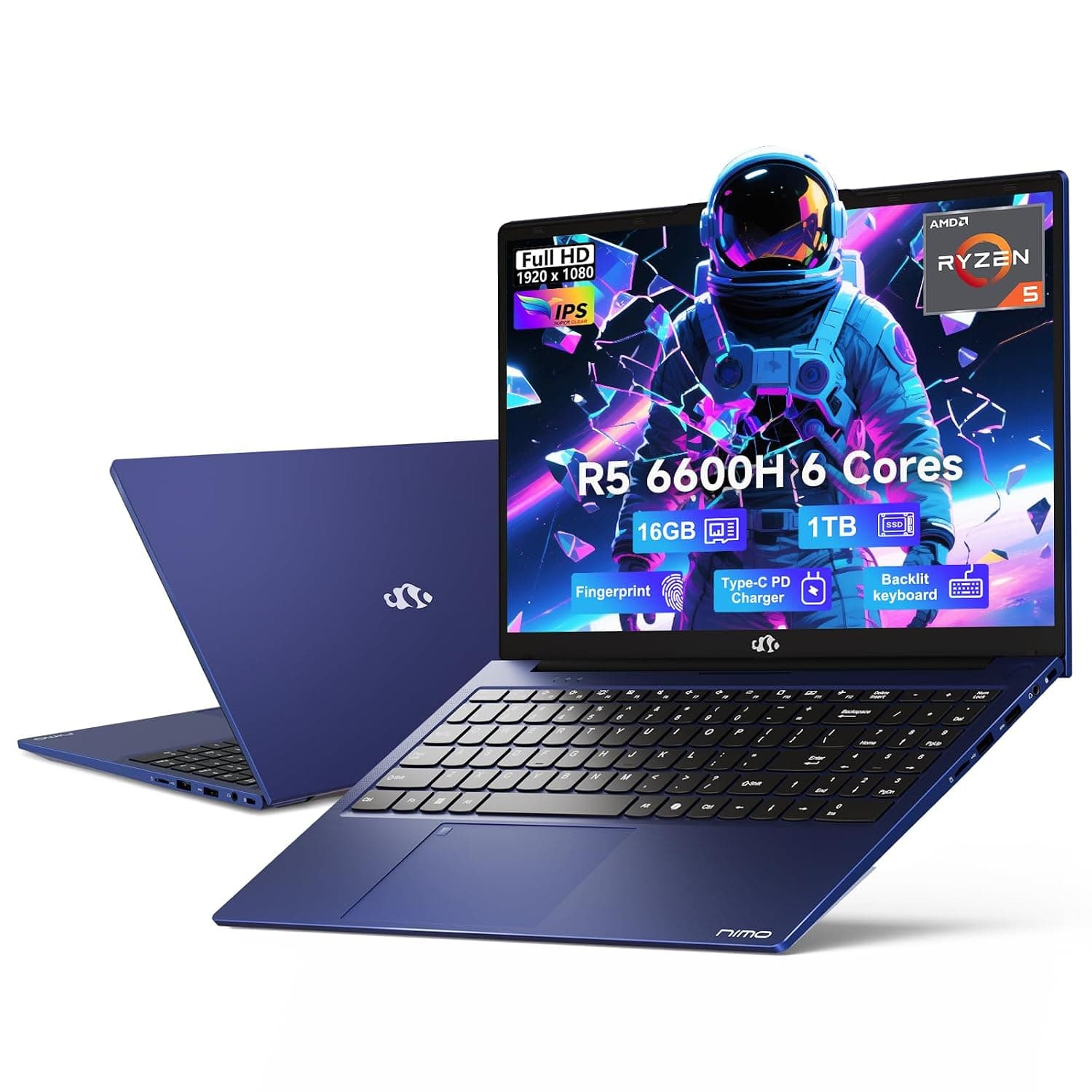 NIMO 15.6" IPS FHD-Gaming-Laptop, AMD Ryzen 5 6600H 6-Cores 660M GPU 16GB DDR5 RAM 1TB SSD(Beat i7-1165G7, Up to 4.5GHz) Computer with 100W GaN Type C Fingerprint Backlit Keyboard Win 11