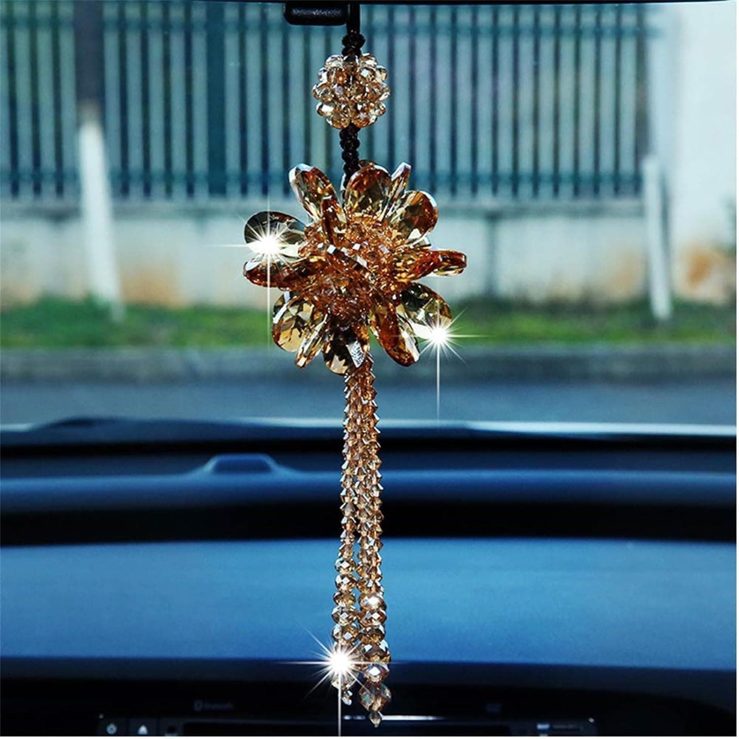X Spring Car Hanging Ornament, Bling Glass Flower Rearview Mirror Pendant, Sparkling Auto Interior Decoration, Silver Metal Aesthetic Vehicle Hanging Charms for Women Girls SUV Truck